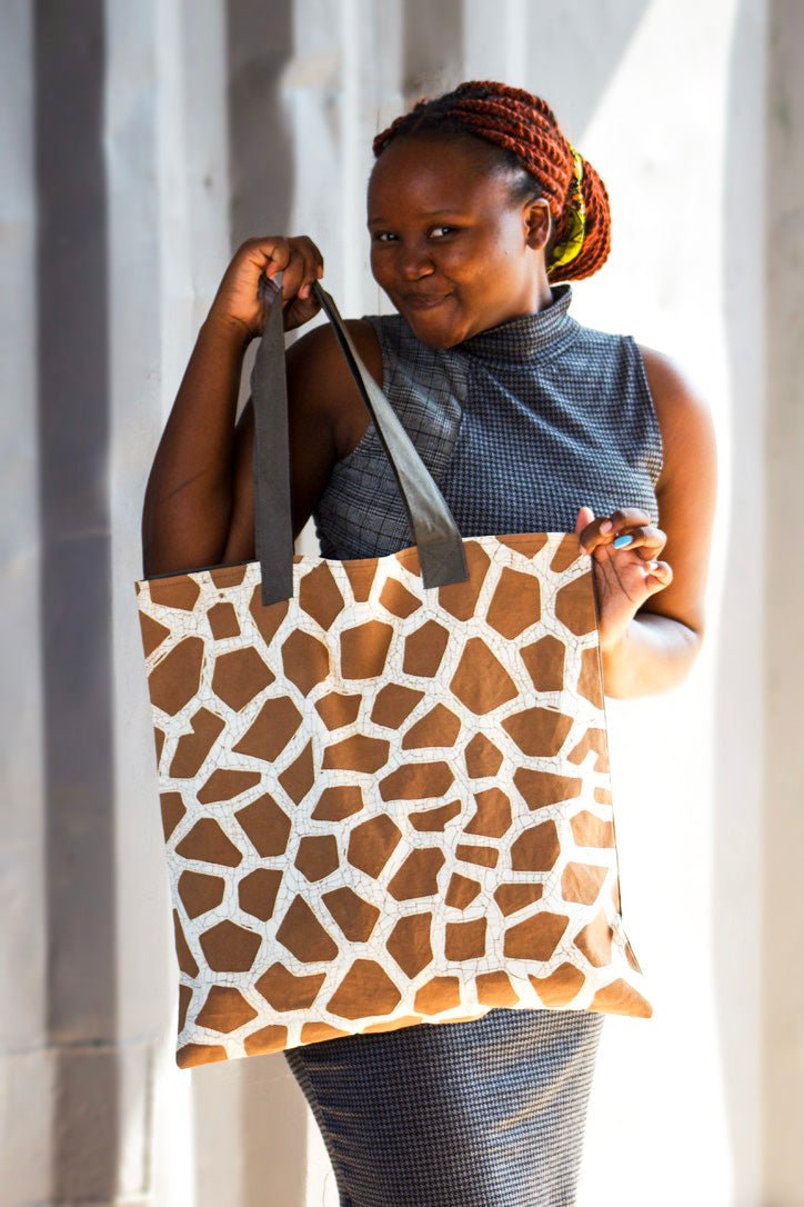 Hand made giraffe print tote bag sustainably made on eco cotton in Zambia