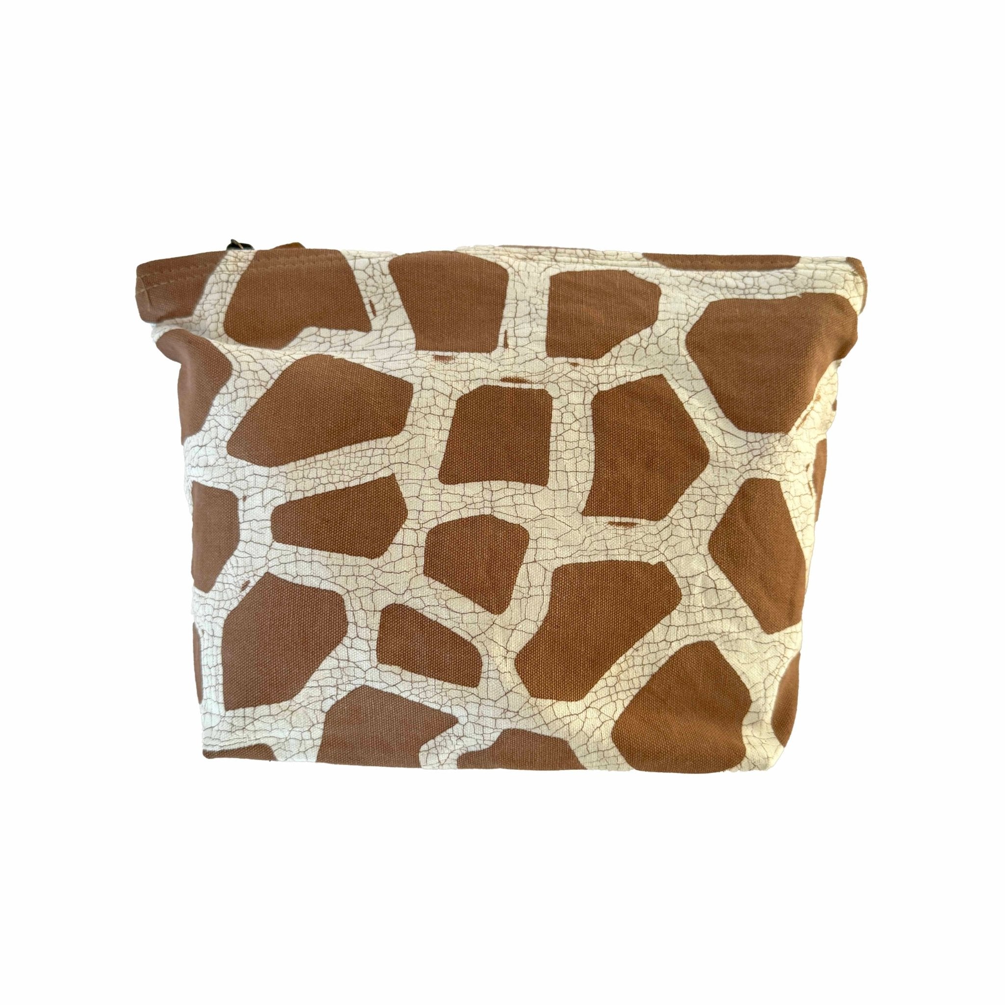 Giraffe print travel wash bag handcrafted on eco organic cotton.