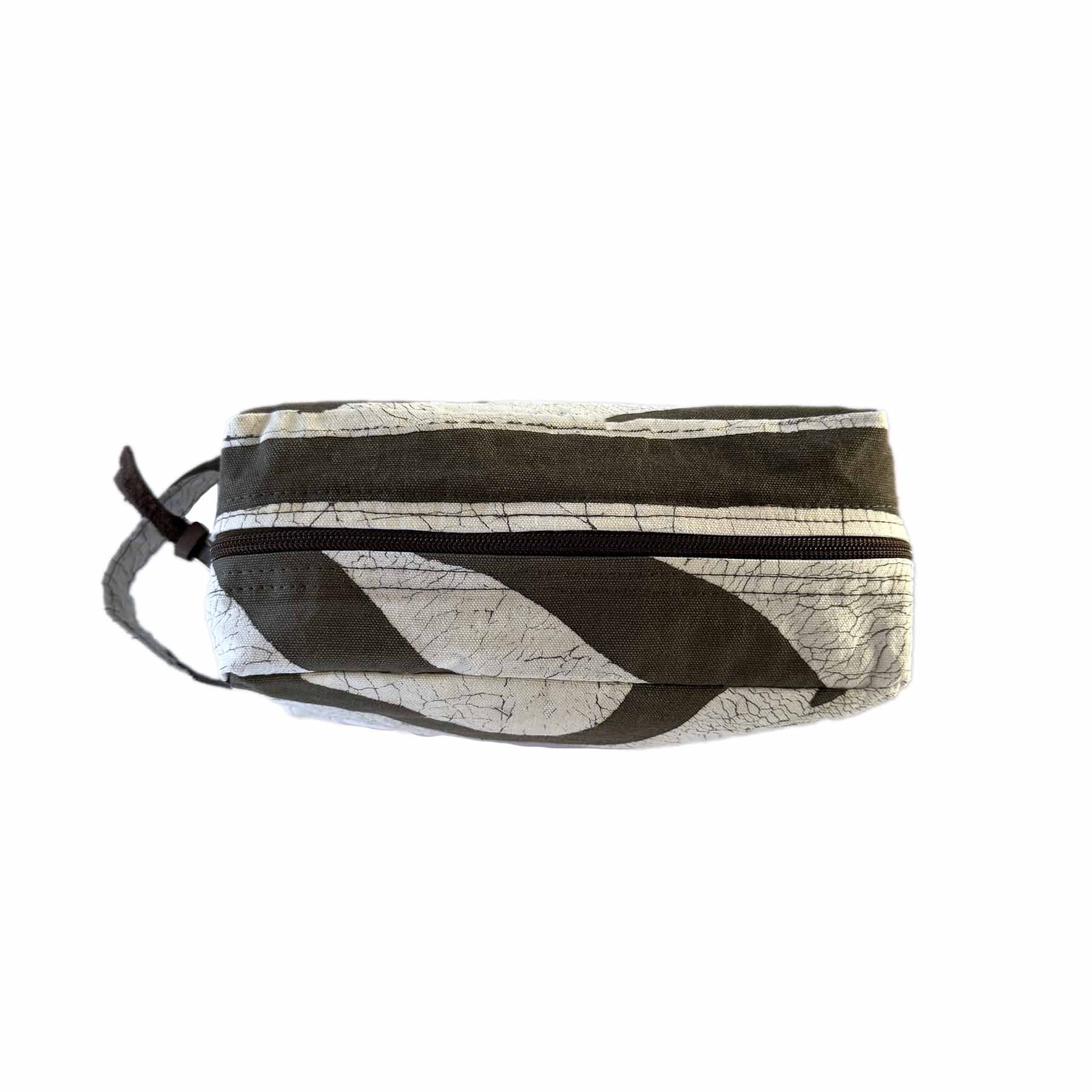 Zebra print wash bag, sustainable design for travel.