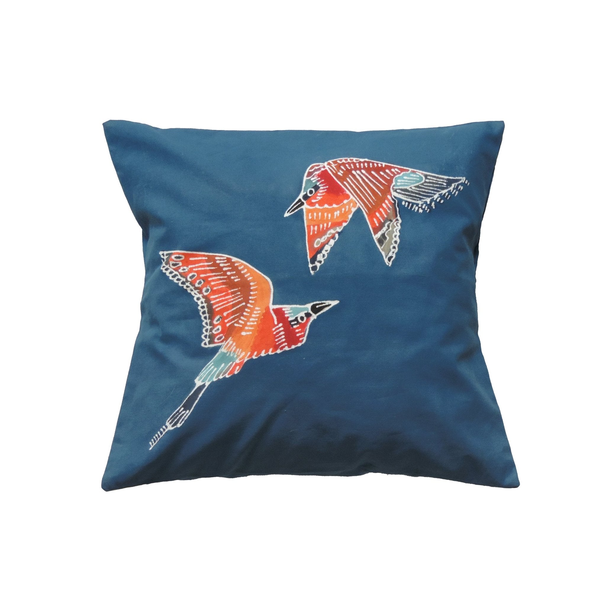 The perfect blue 100% cotton cushion cover adorned with colourful African birds.
