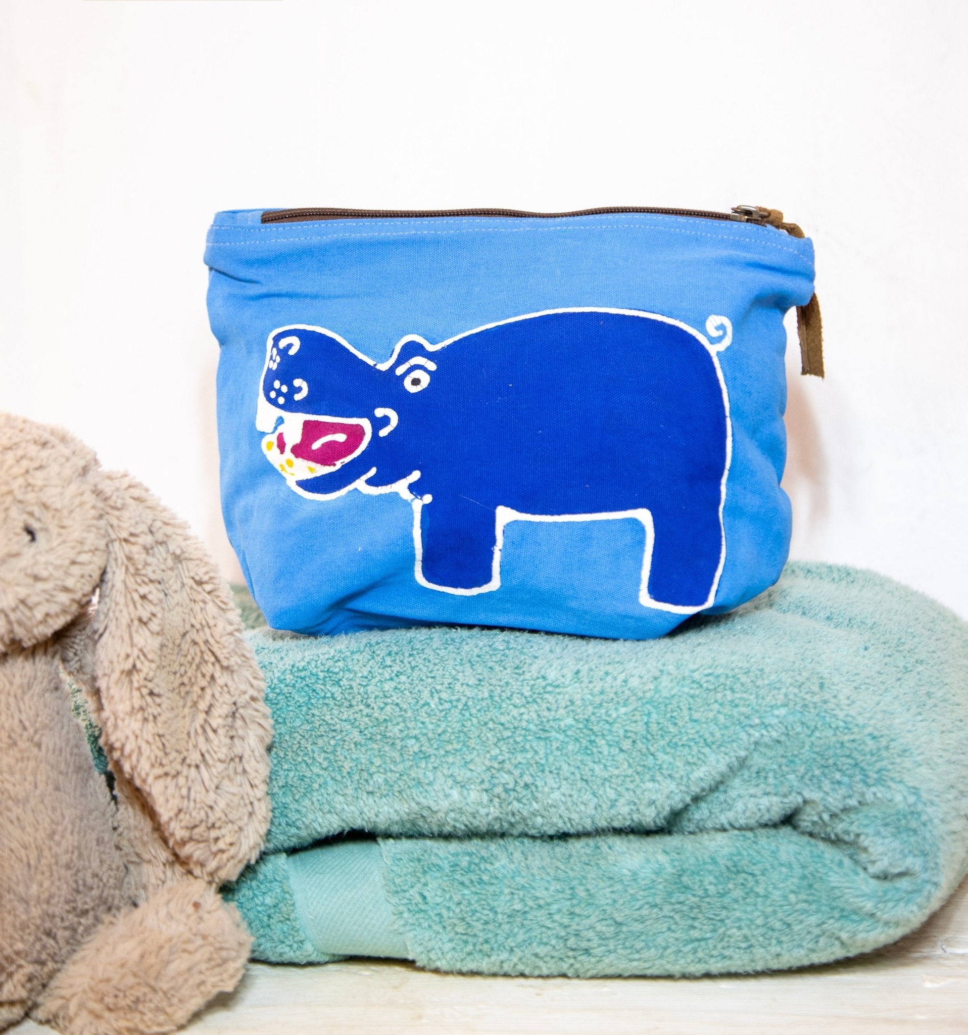 Safari Fun Hippo Wash Bag - Hand Painted by TRIBAL TEXTILES - Handcrafted Home Decor Interiors - African Made