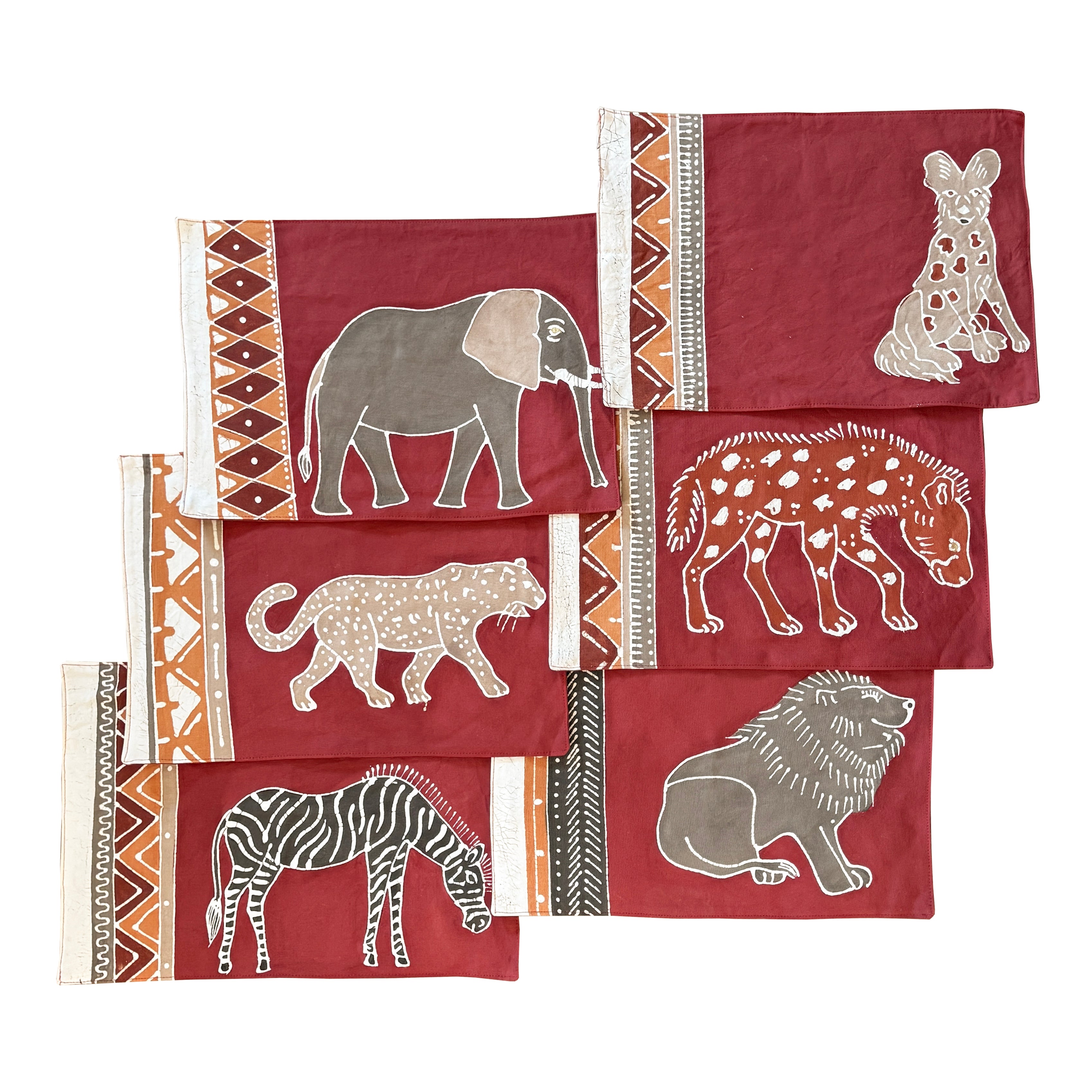 elephant, wild dog, leopard, hyena, zebra and lion table mats