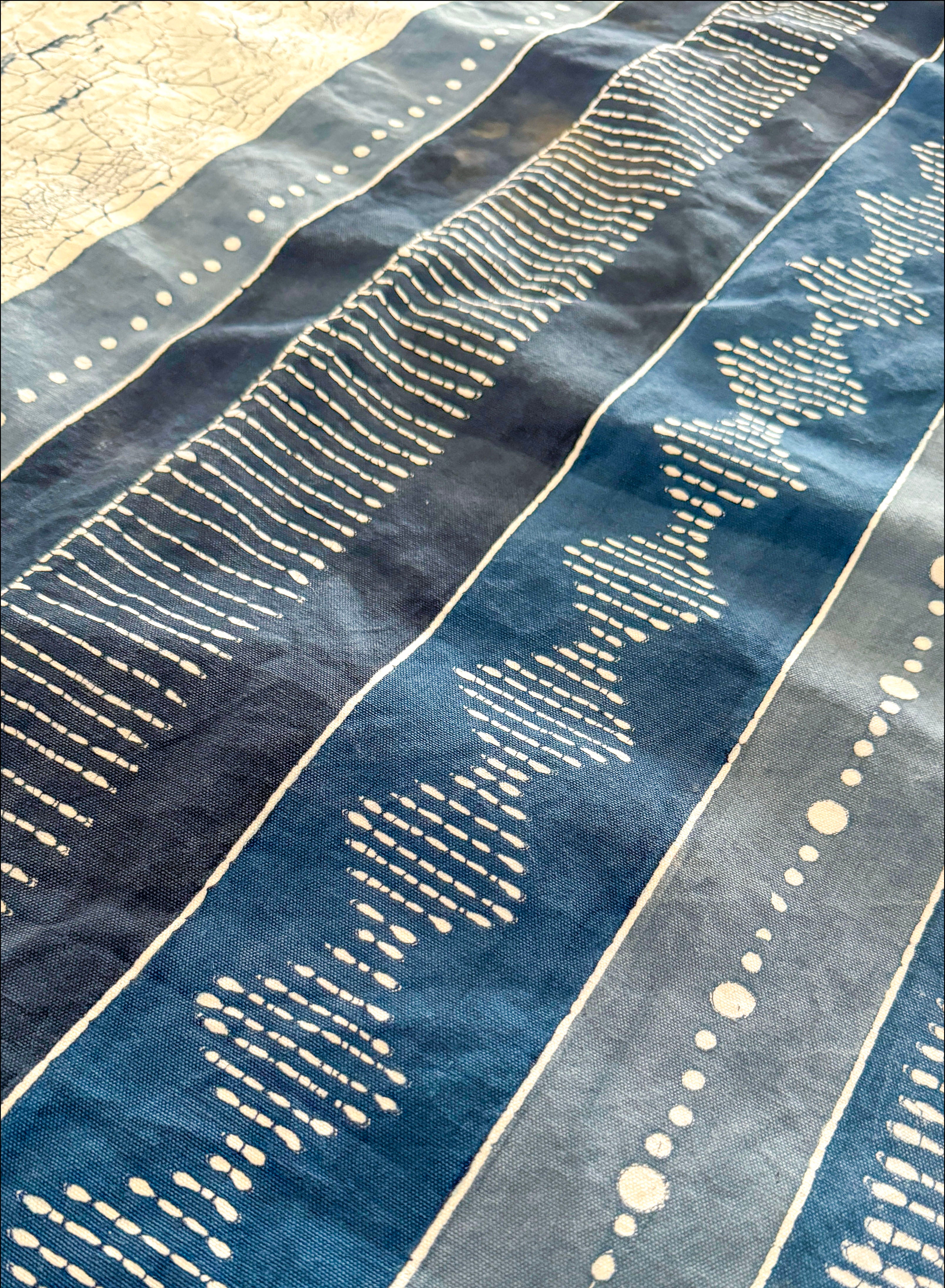 close up batik details with indigo painted organic fabric