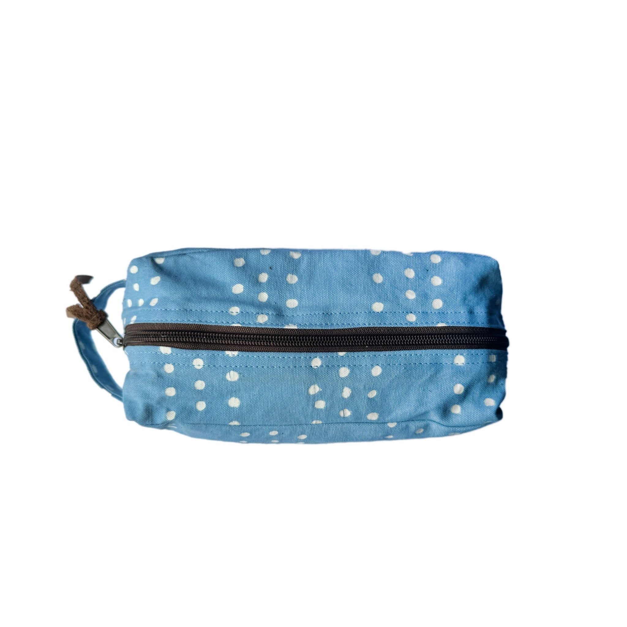 African made light blue travel pouch adorned with delicate dotting making it the perfect bohemian chic bag.