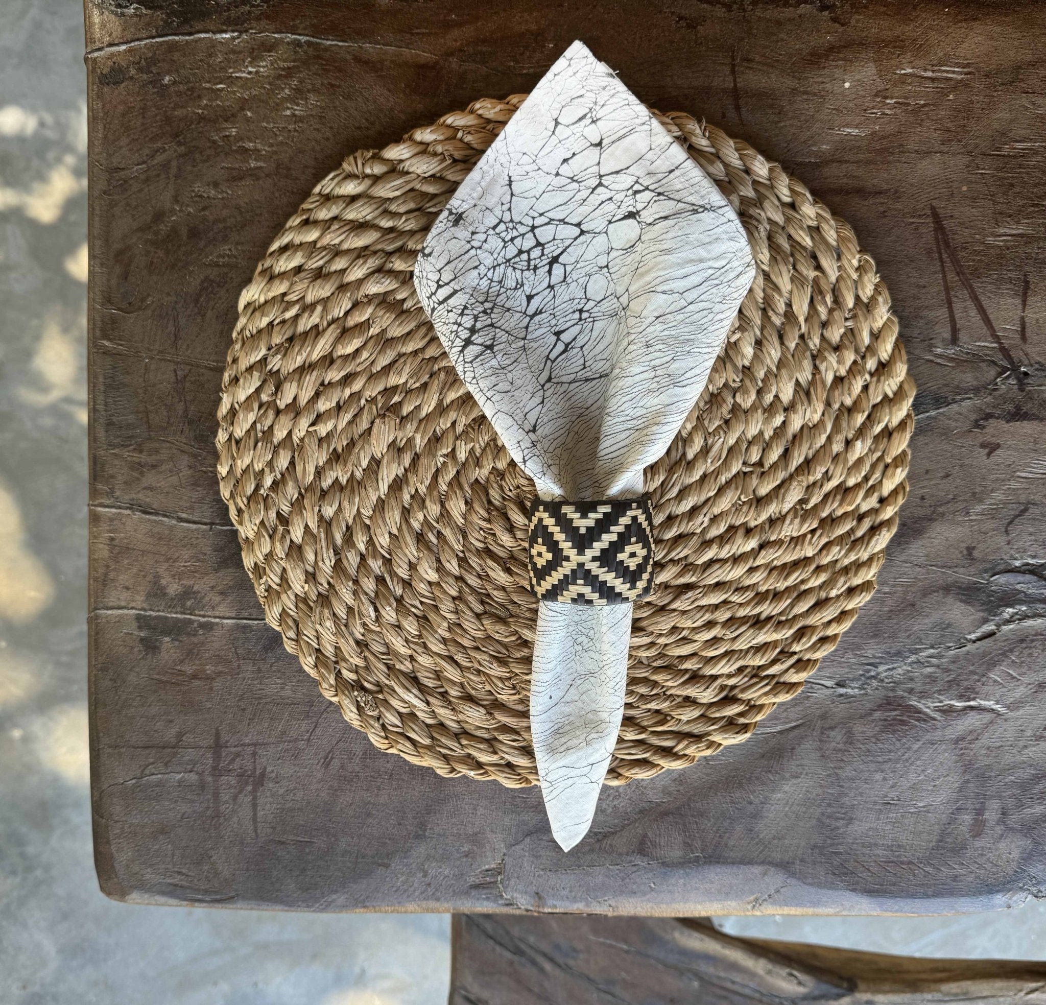 Set of 4 bowl covers, hand woven in palm in a diamond pattern.