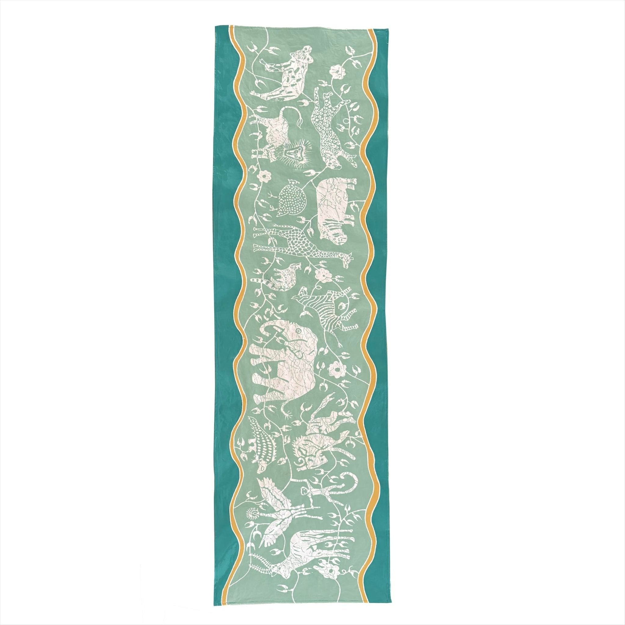 Zobisika Wild Animal Table Runner Green - Hand Painted by TRIBAL TEXTILES - Handcrafted Home Decor Interiors - African Made
