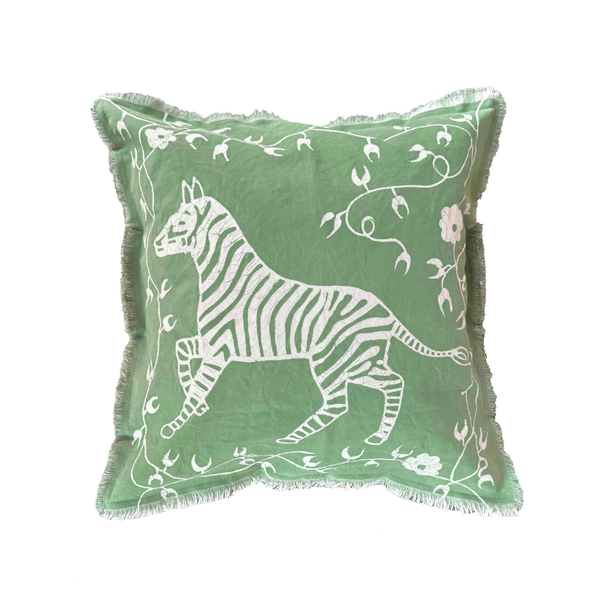 Zobisika Zebra Cushion Cover Medium Green - Hand Painted by TRIBAL TEXTILES - Handcrafted Home Decor Interiors - African Made