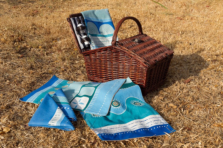 Mali Aqua Hills Table Runner - Hand-painted blue and green 100% cotton table runner.