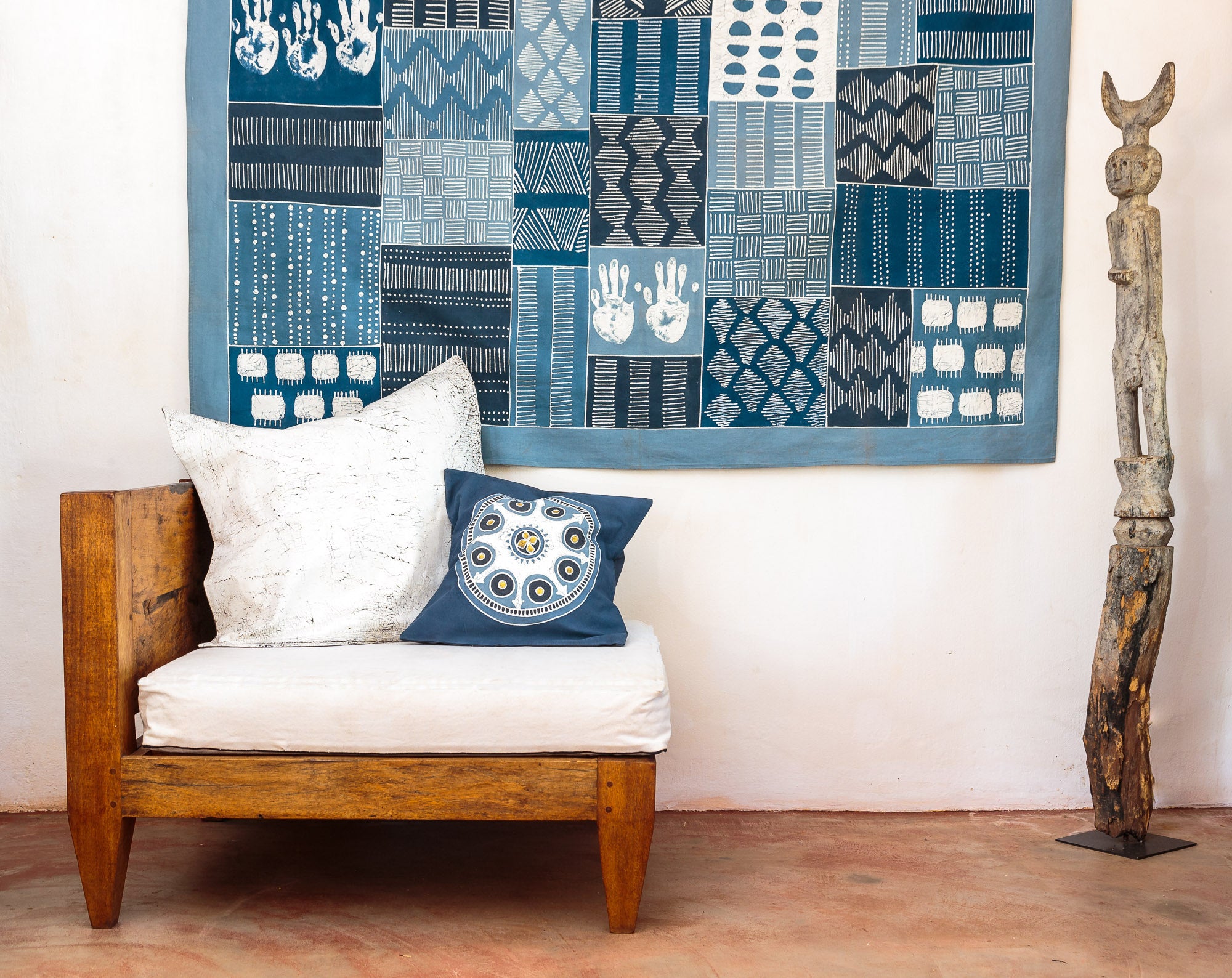 Beautiful bohemian patchwork wall art in different shades of blues, made from 100% cotton.