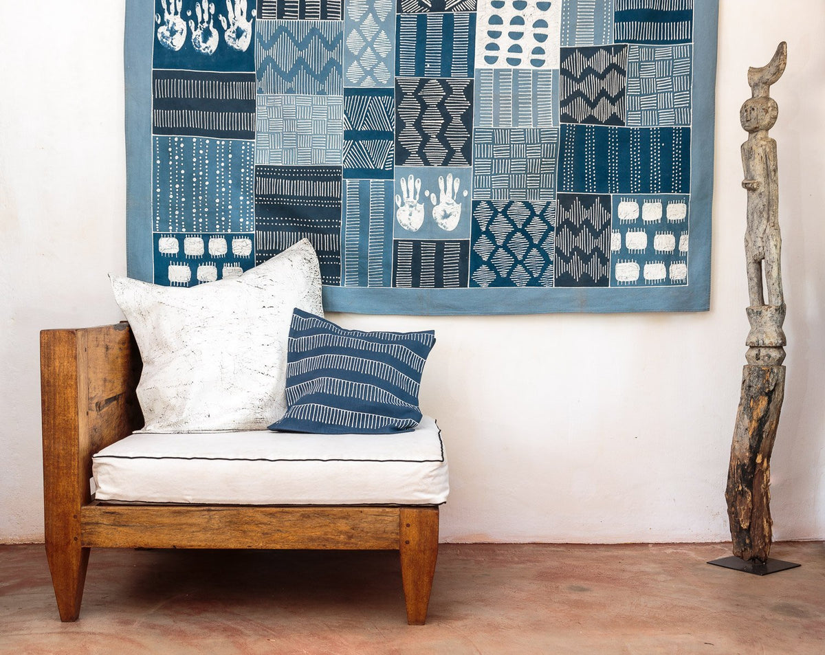 Hand painted delicate Afircan patterns, with blues and whites mixed to create a stylish blend of sustainability and decor.