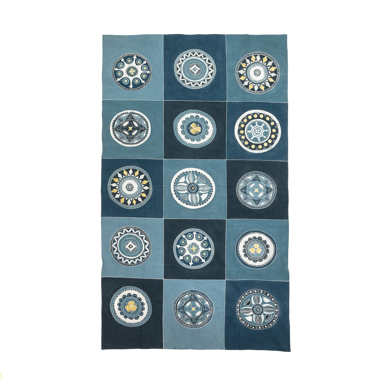 Blue repeat african print tablecloth design in batik and hand painted blues.