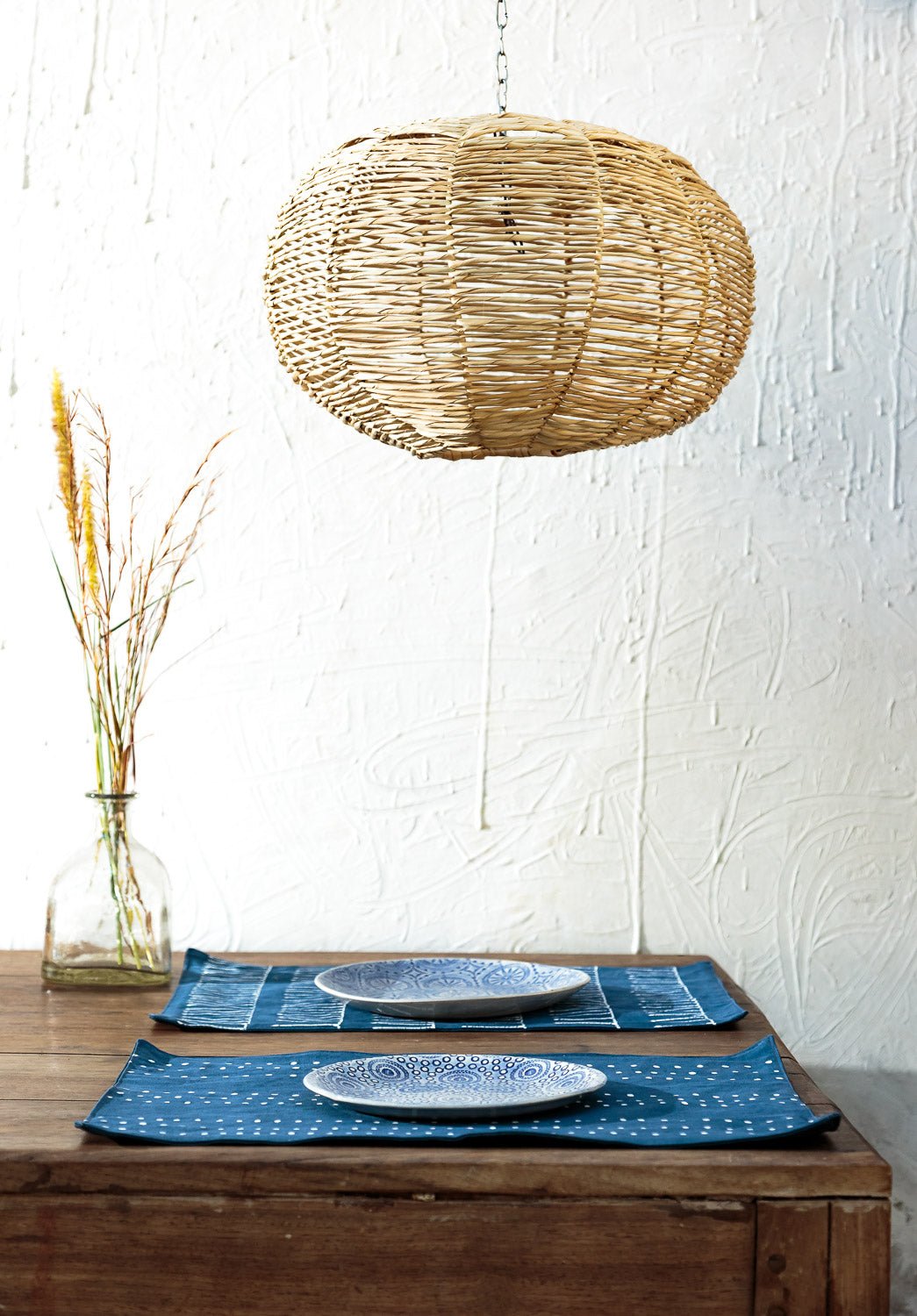 Hand painted blue patchwork table mats, made from 100% cotton they are the perfect sustainable mats for your home.