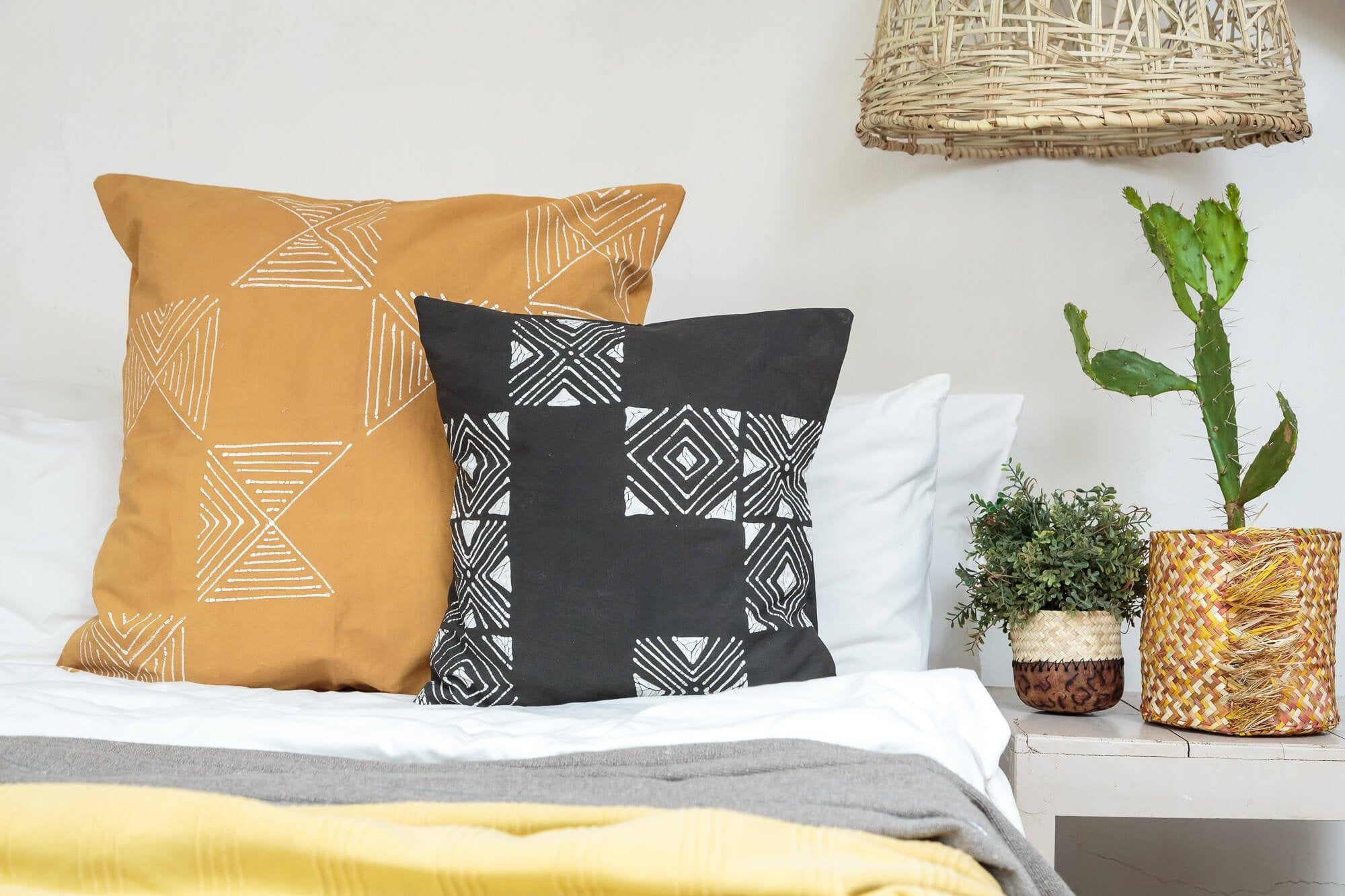 Mustard grid Matika cushion cover, handmade with organic cotton for eco-conscious living.