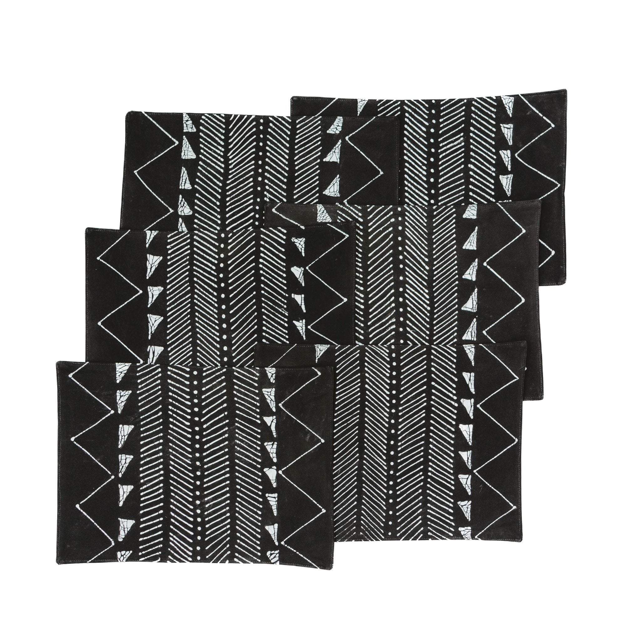 Handcrafted black mud cloth inspired table mats set of 6, perfect for sustainable dining.