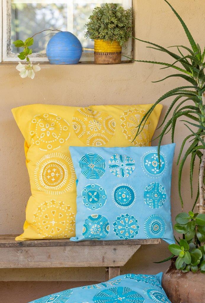 Bright blue and vivid yellow african detailed pattern batik design pillow covers