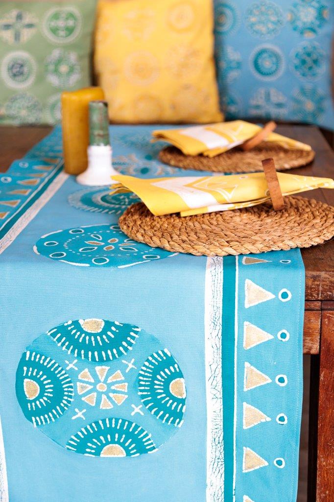 Bold, bright and beautiful light blue table runner, to bring joy to environmentally friendly homes.
