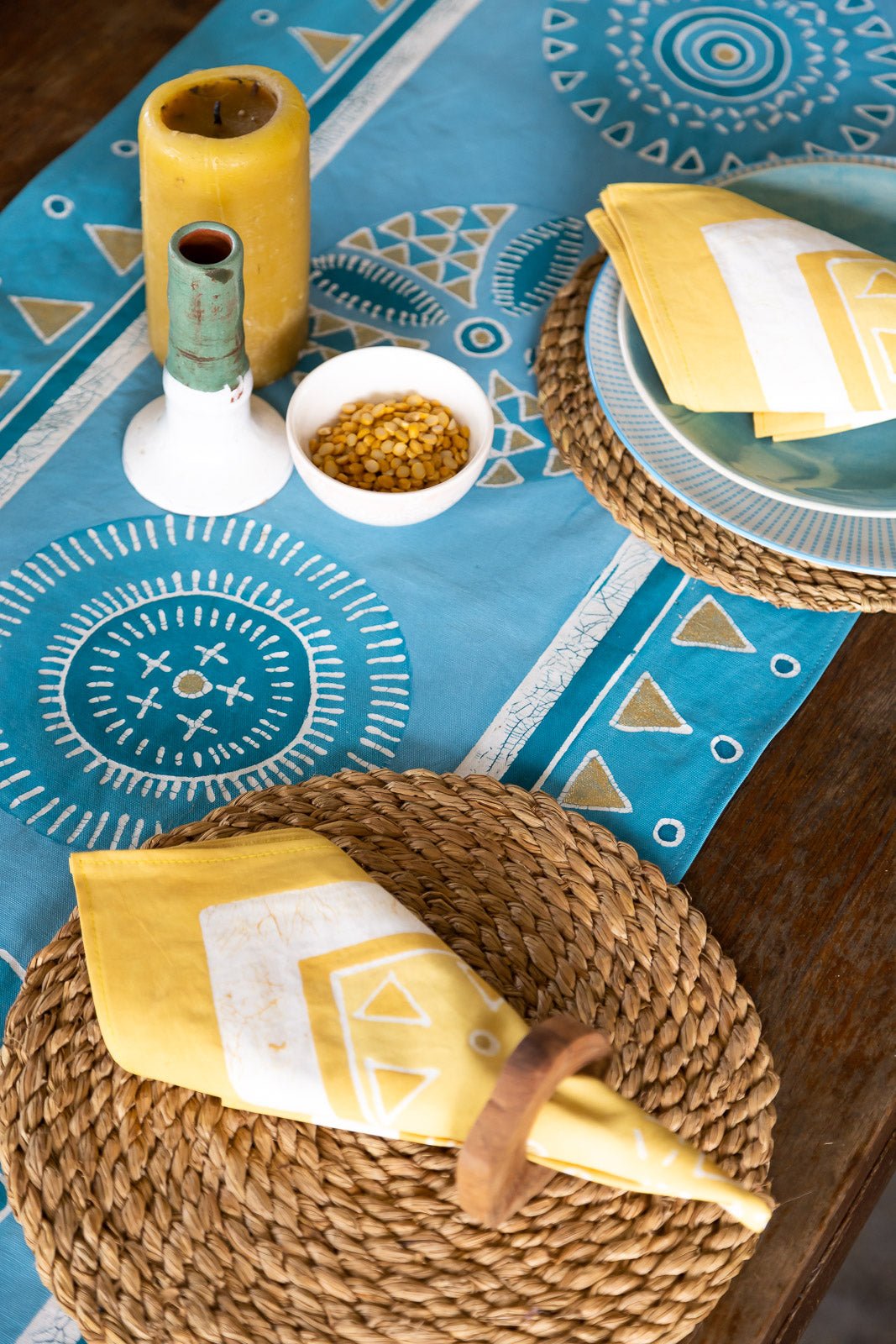 Hand-made and crafted with love, the perfect light blue table cloth for your dining room.