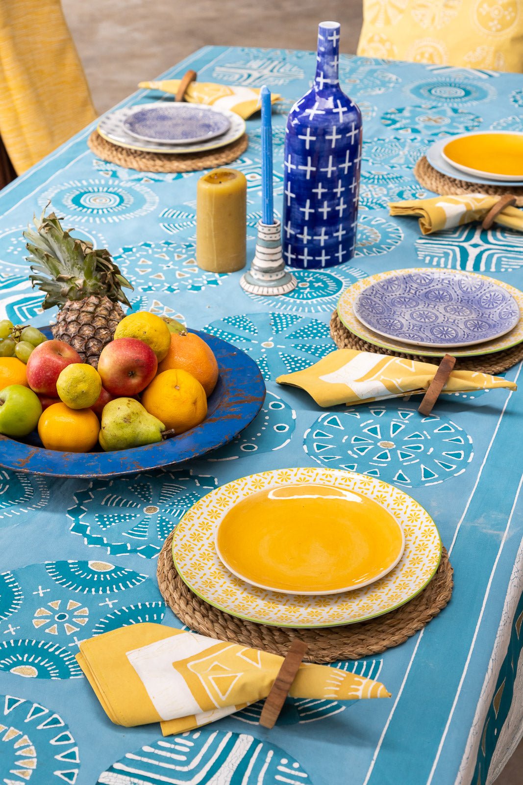 The perfect summer party table cloth, with bright beautiful blues and gold accents.