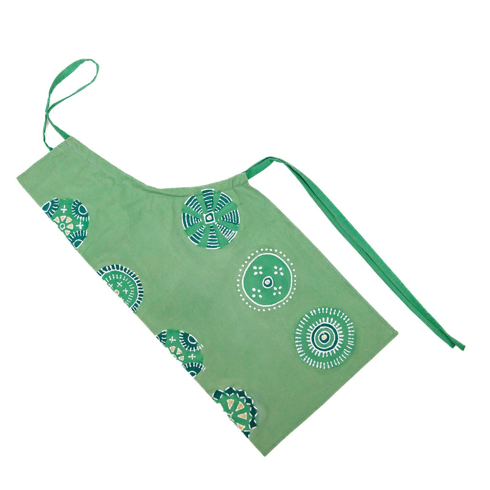 Brilliant jade green apron with intricate patterns and gold accents.