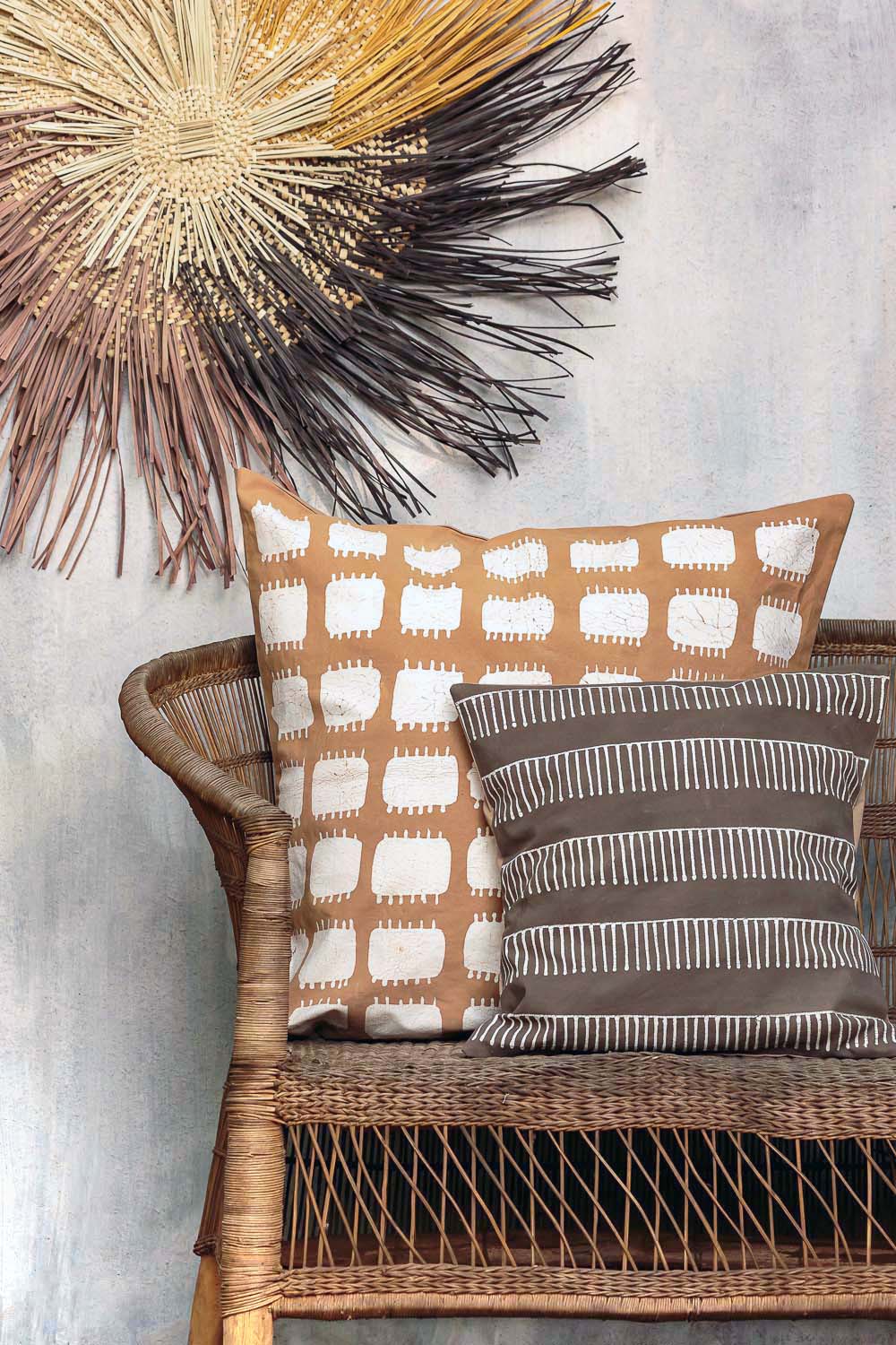 Tribal Cloth Mushroom Rake Cushion Cover - Hand Painted and eco-friendly dyed cushion cover for eco-conscious homes.