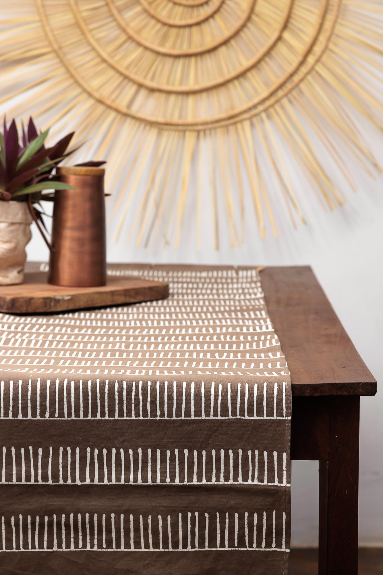 African made dark taupe table runner made using a traditional Batik pattern to create interesting linear patterns.