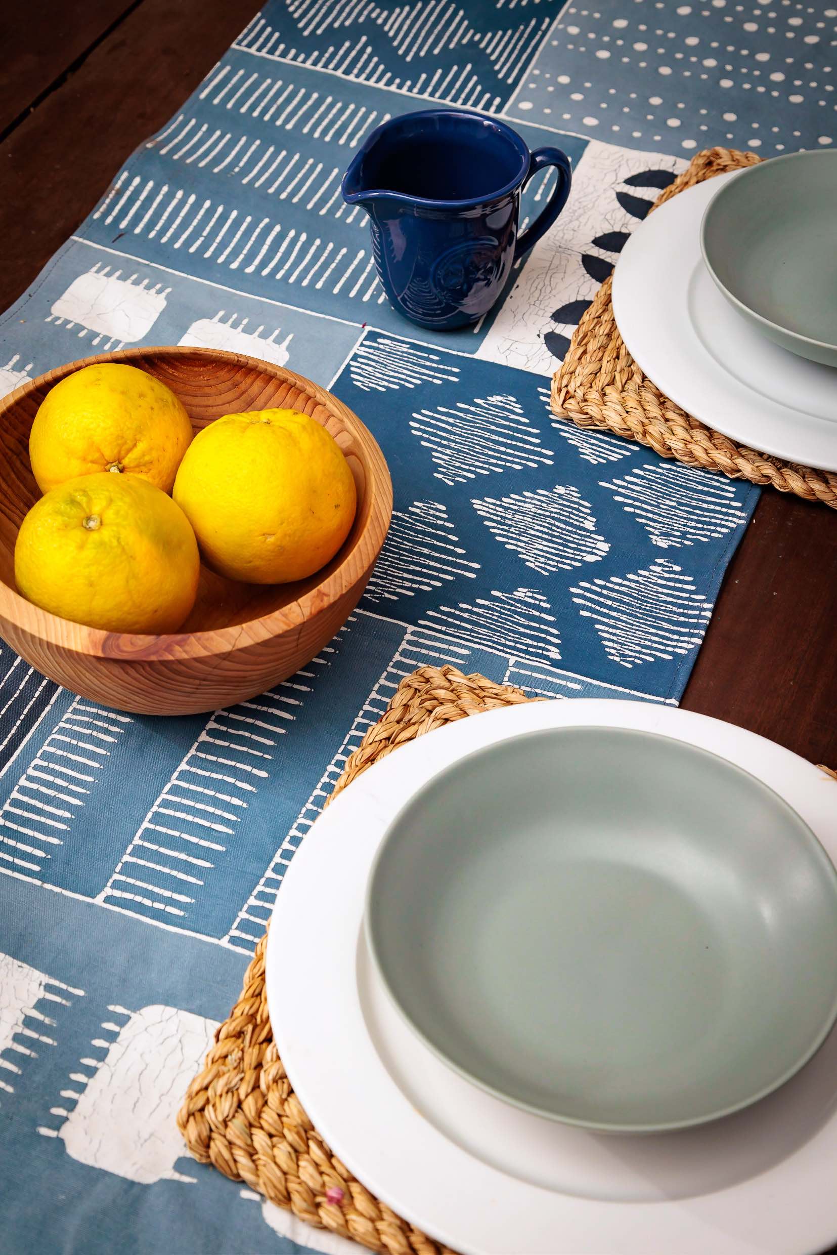 Tribal Cloth Indigo Patchwork Table Runner, Hand Painted on beautfiul blue fabric for eco-conscious homes.