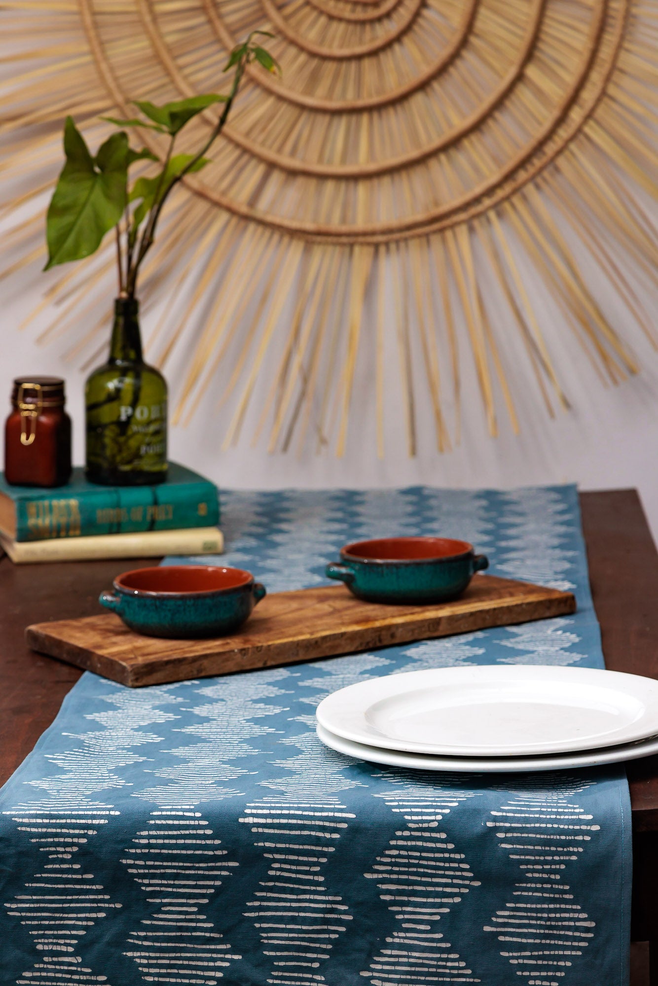 100% cotton table runner in indigo with beautiful wave patterns, using an African Batik technique.