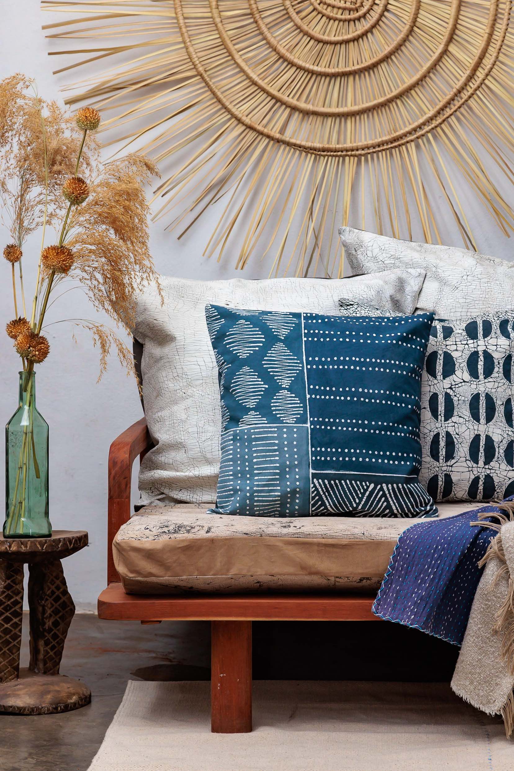 Dark blue Tribal Cloth Indigo Patchwork cushion cover, handcrafted with intricate cotton patchwork for a cultural touch.
