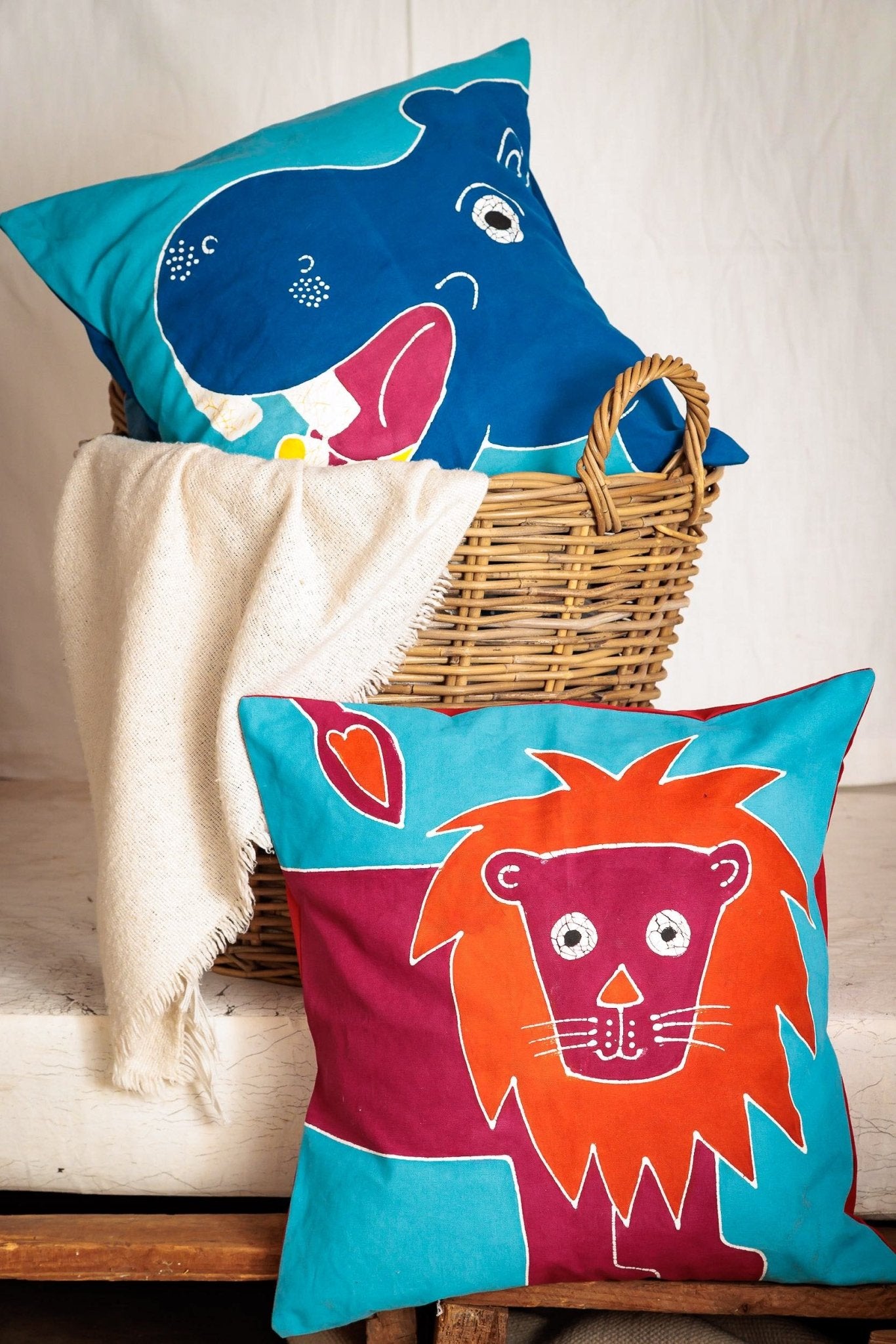 Ethically made bright blue hippo cushion cover, to brighten up your kid's rooms.