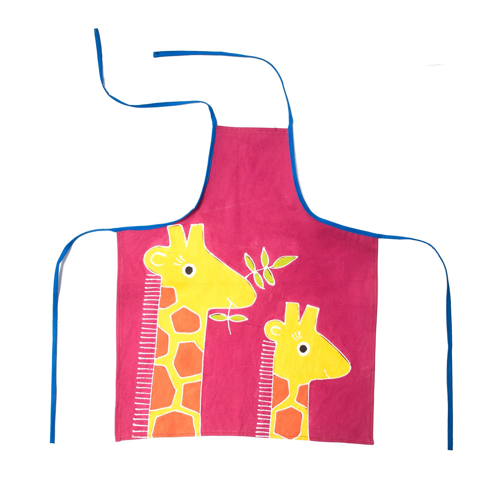 The perfect kids apron in beautiful magenta with fun giraffes!