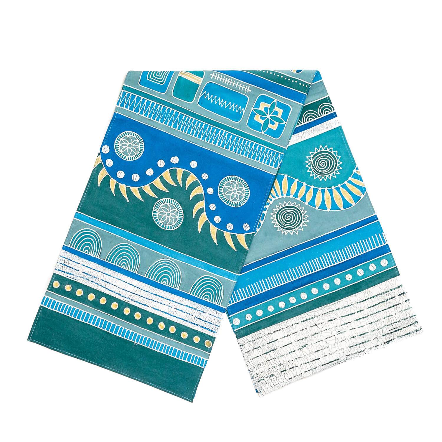 African-made blue and green table runner, to add colour and intricate detail to your table.