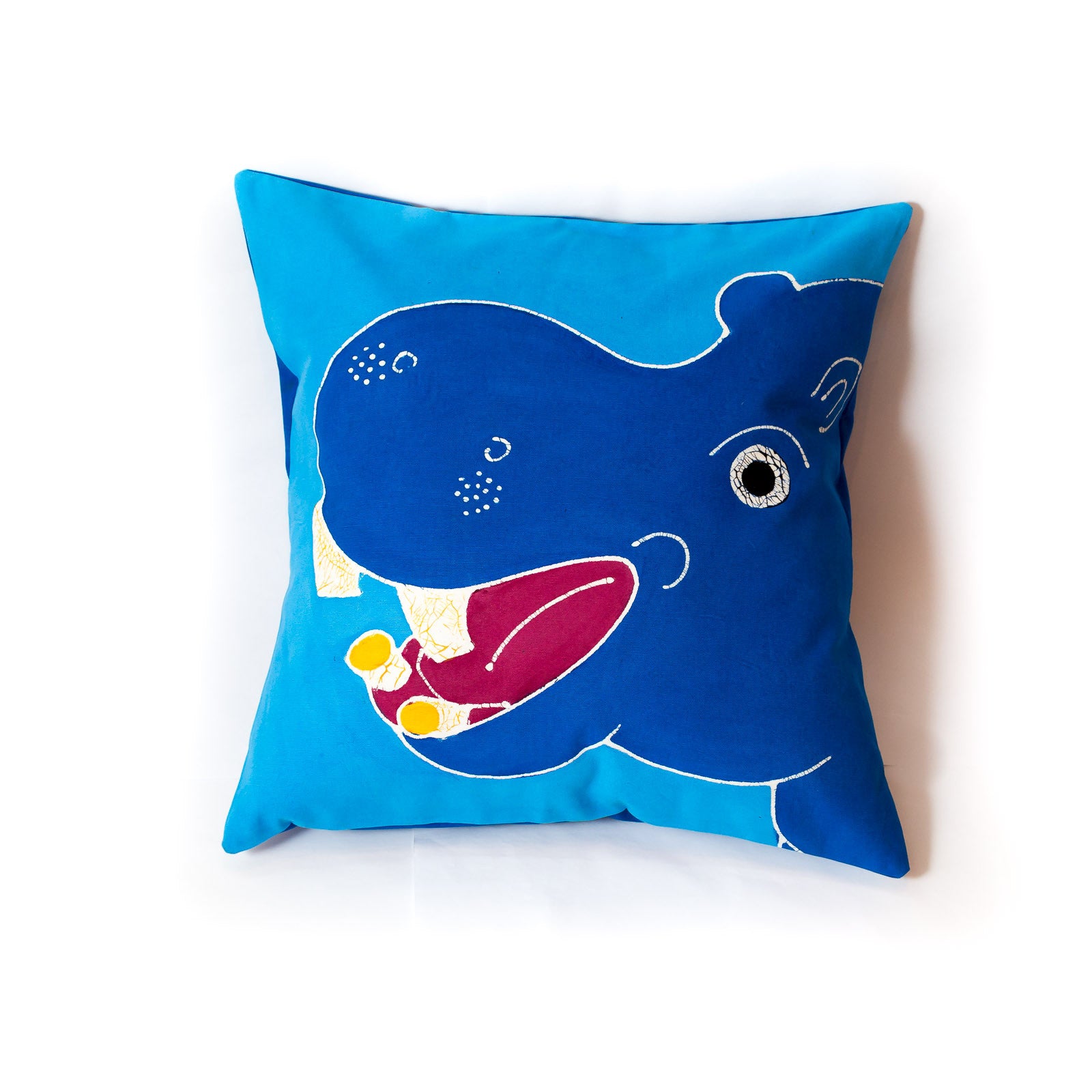 Bright blue cushion cover adorned with a deep blue hippo to bring joy and imagination to your childs life.