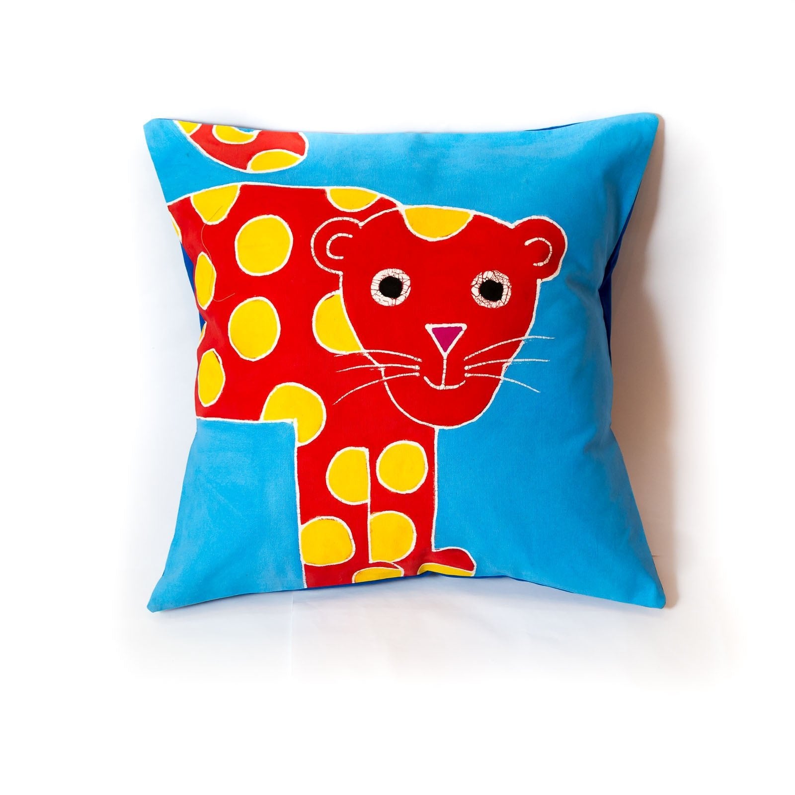 African made bright blue and red leopard cushion cover.