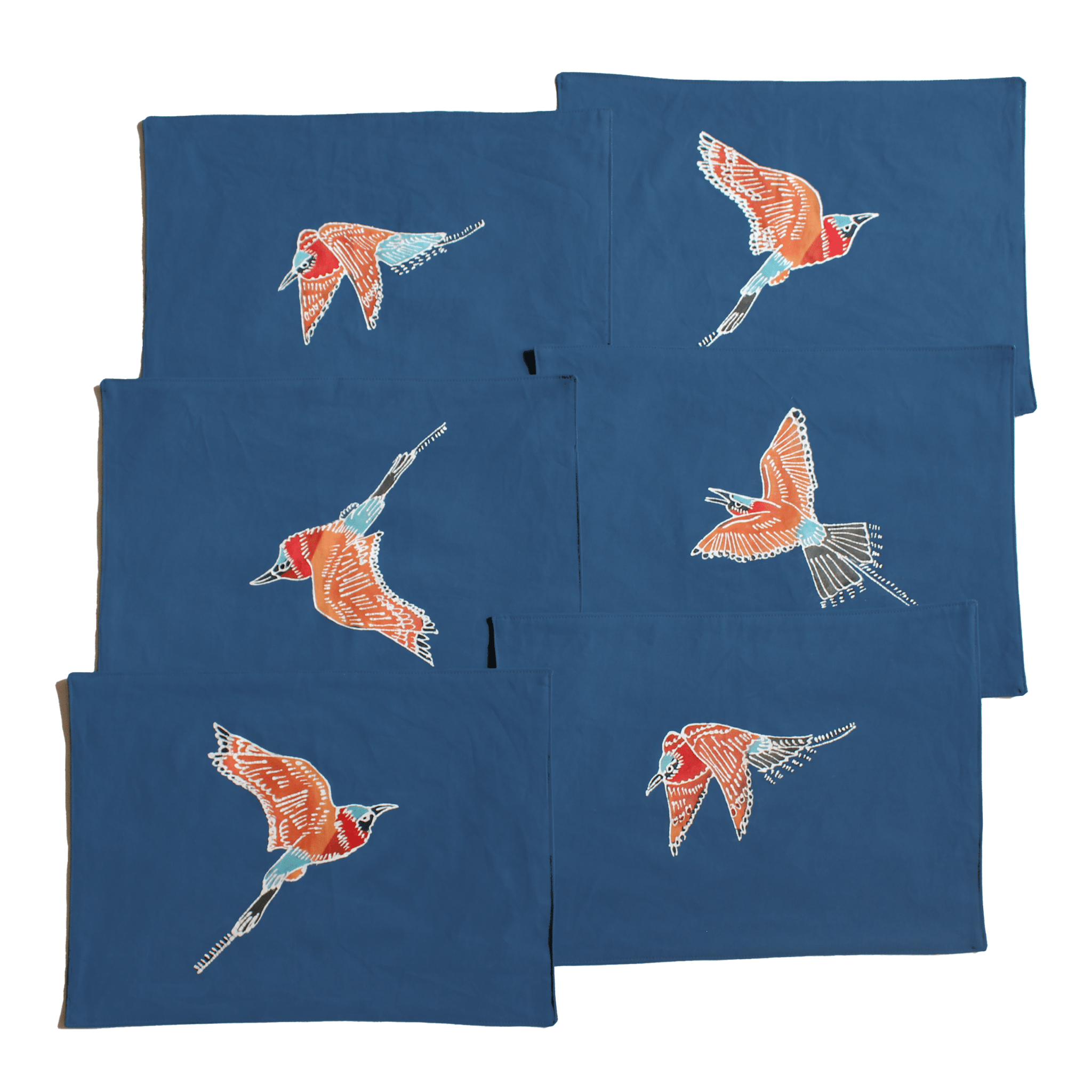 Ethically made deep blue napkins with differing prints of colourful African birds - Carmine Bee eaters.