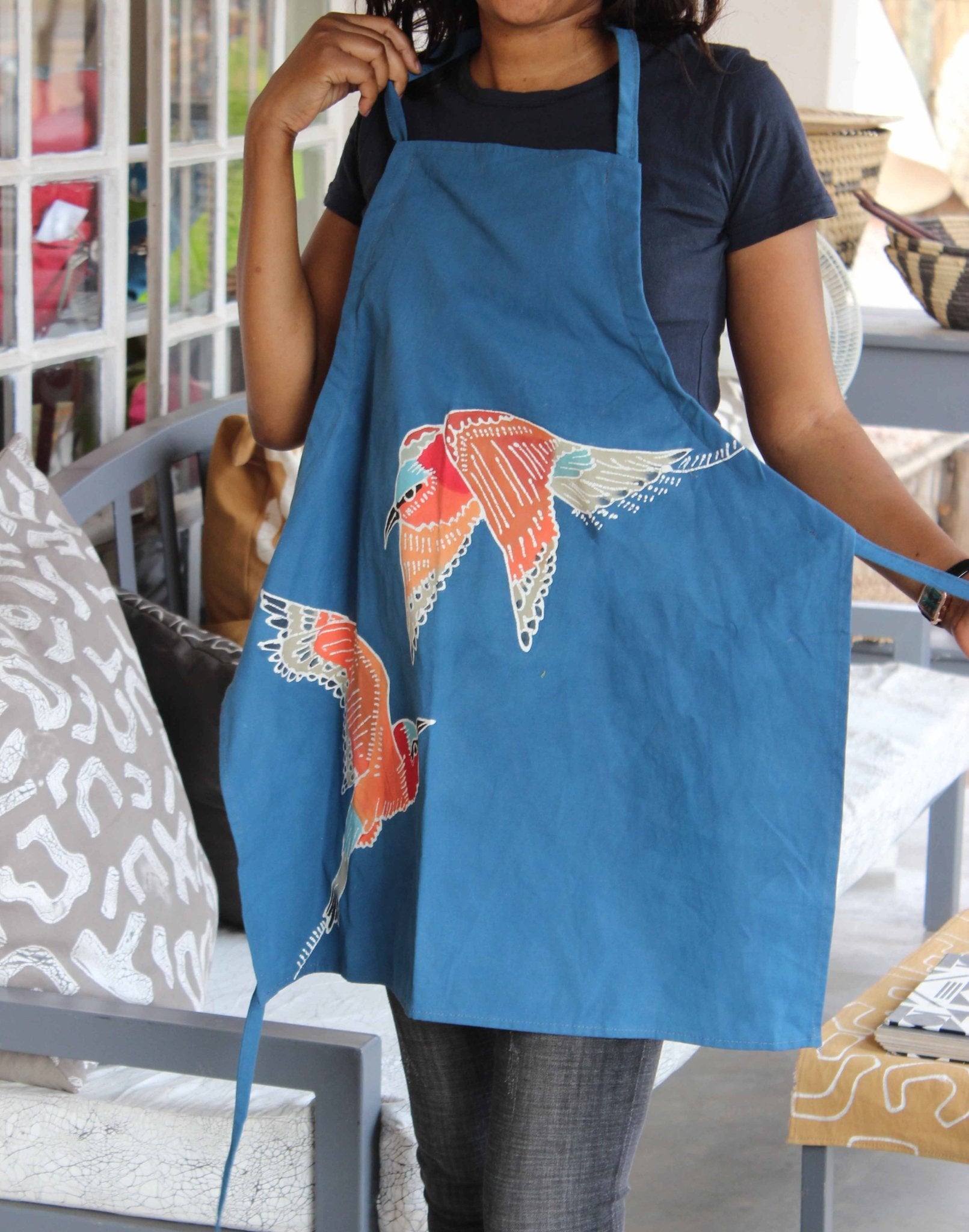 Papiko Carmine Bee Eater Apron - Beautiful blue apron adorned with colourful birds on 100% cotton.