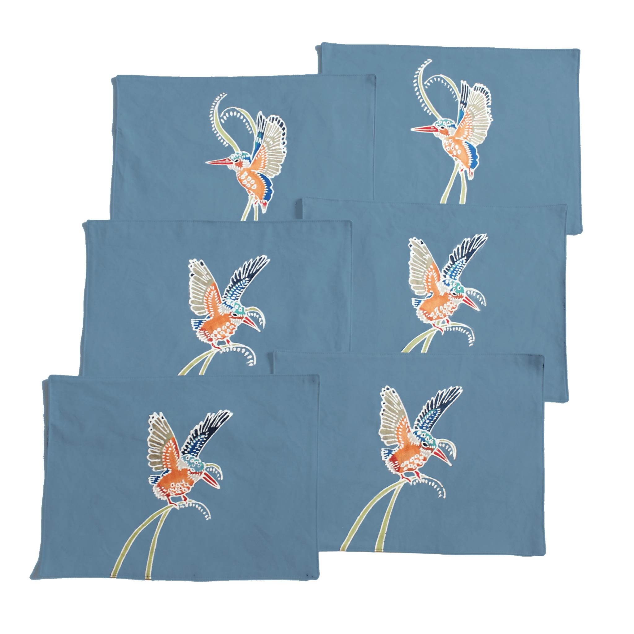 Light grey/blue table mats adorned with our colourful Kingfishers, on 100% cotton for eco-conscious buyers.