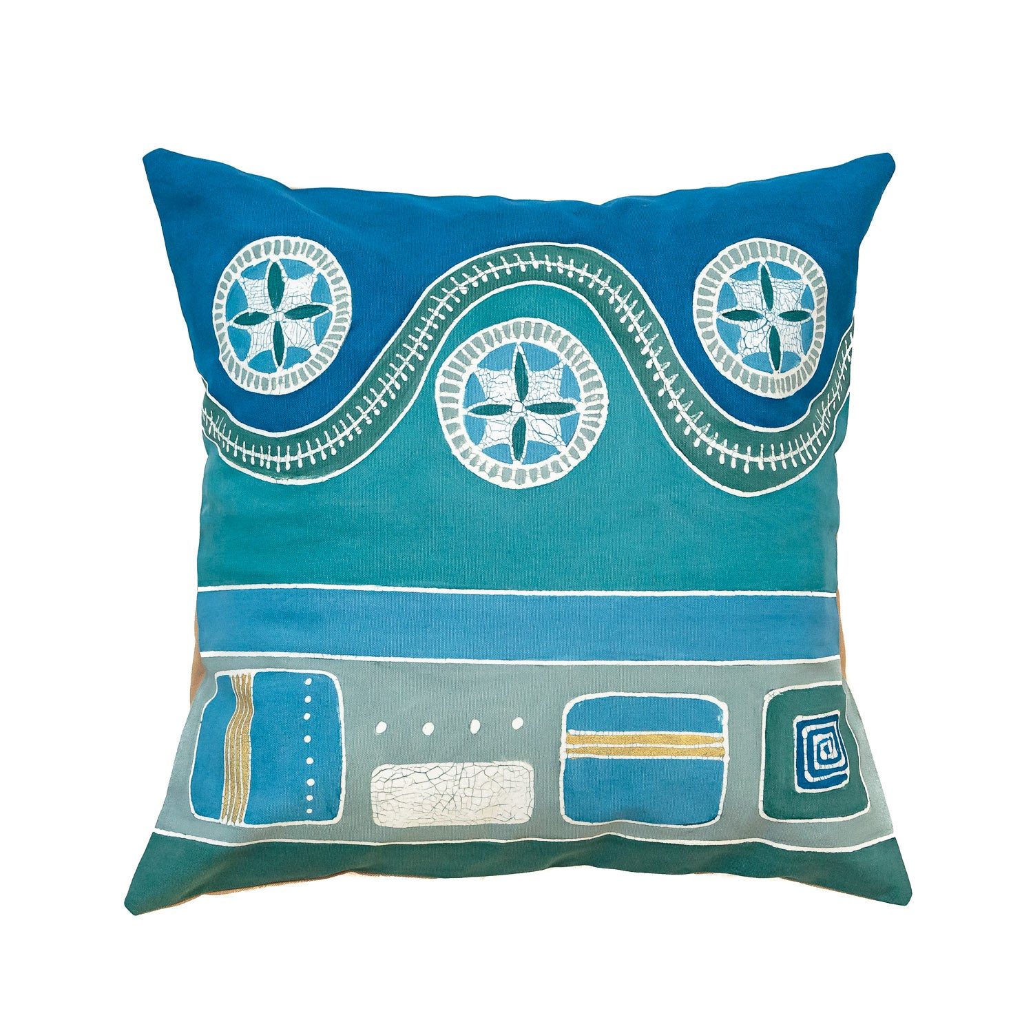 Bright blue circular patterns, with waves and hues of blues and greens.
