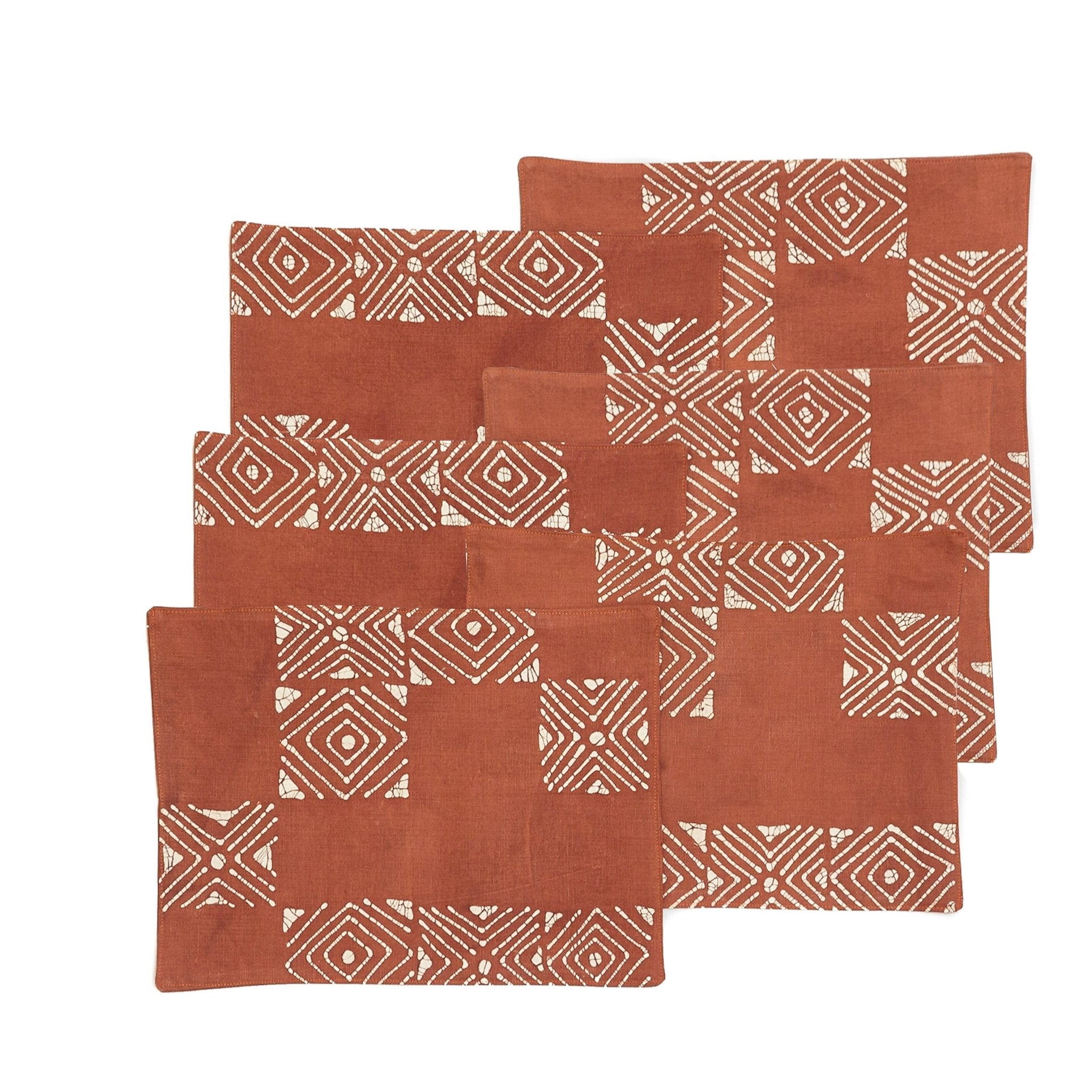 Handcrafted Matika Rust red block pattern table mats set of 6, adding rustic charm to your dining experience.