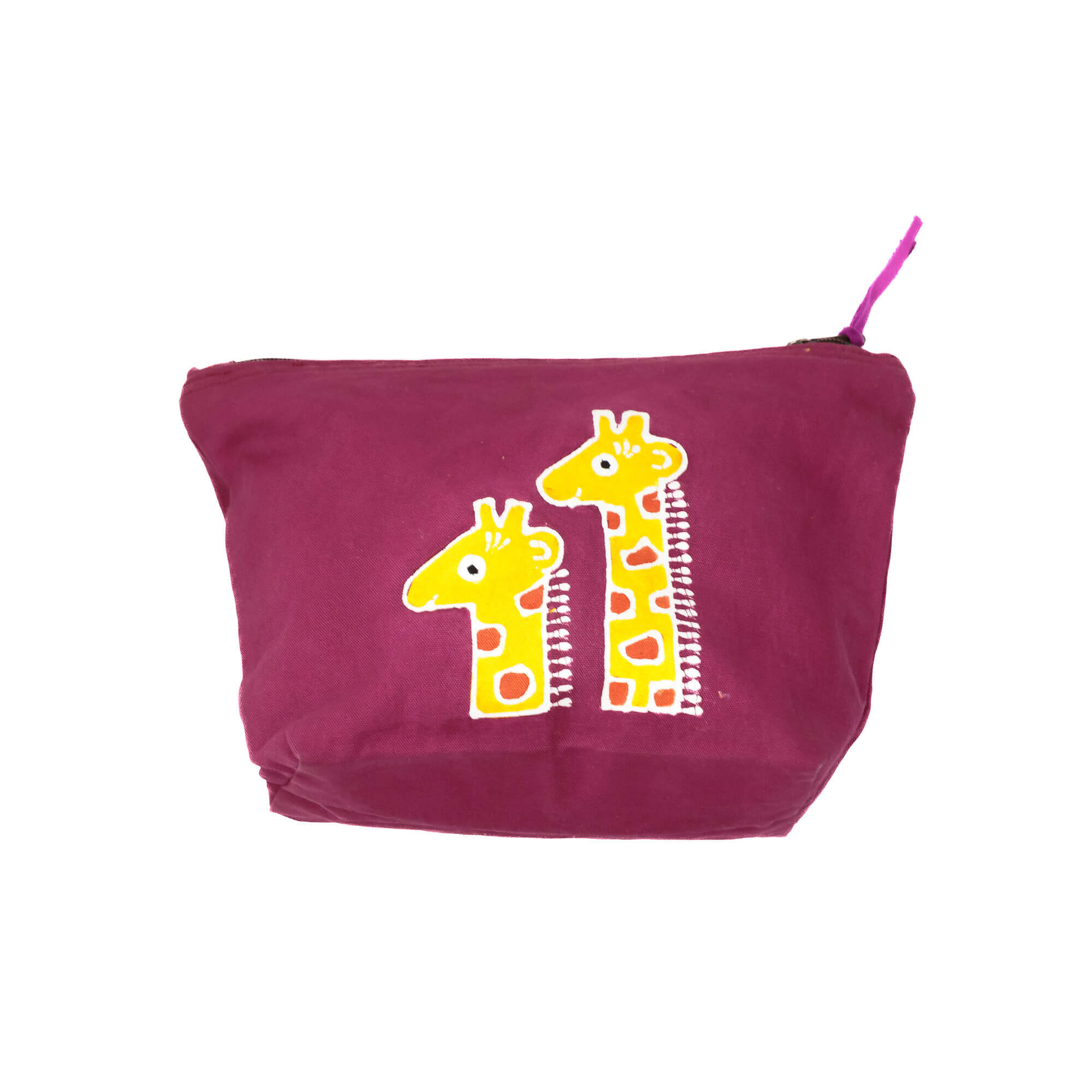 Bright and beautiful magenta wash bag adorned with yellow giraffes, the perfect way to store your childrens necessities.