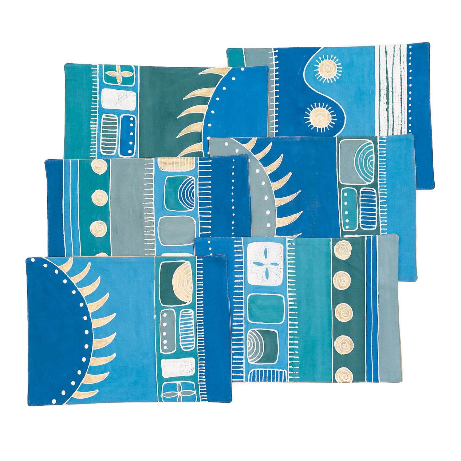 Blue, green and white assortment of table mats, inspired by the beauty of African landscapes.