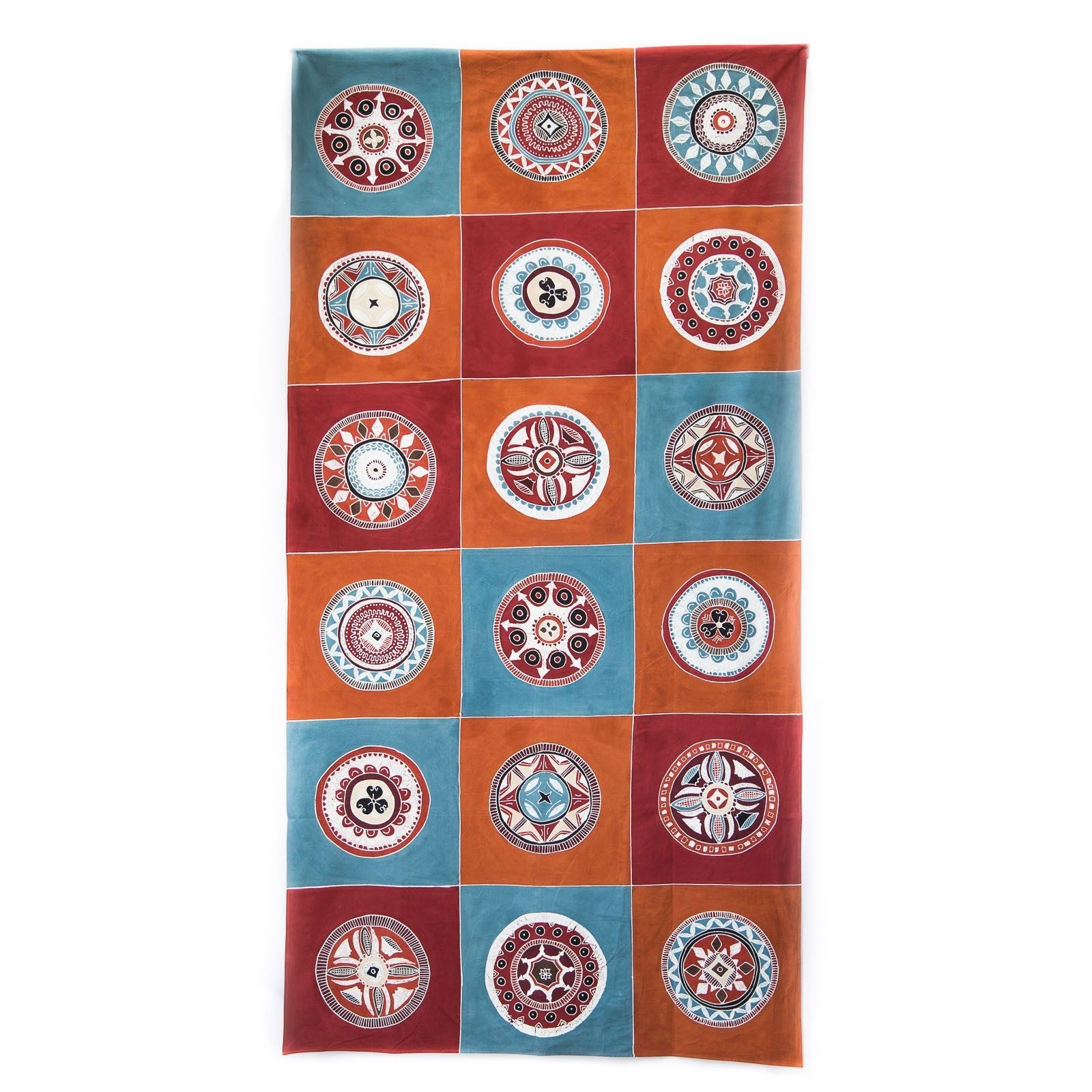 Handcrafted African Circles Massai tablecloth in red, blue, and orange, featuring bold African hand-drawn print.
