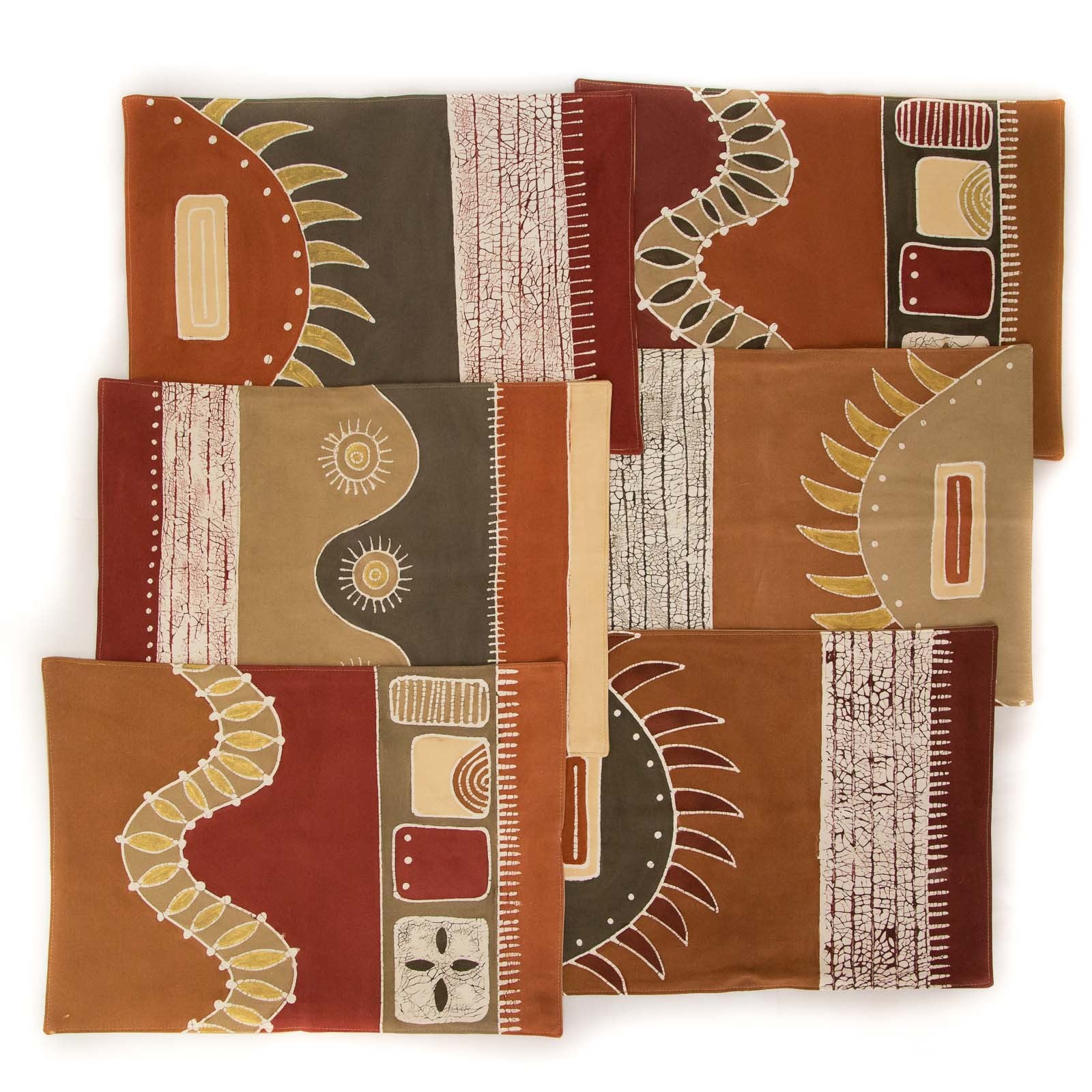Set of 6 red warm-colored placemats, sustainably made and ideal for dining.
