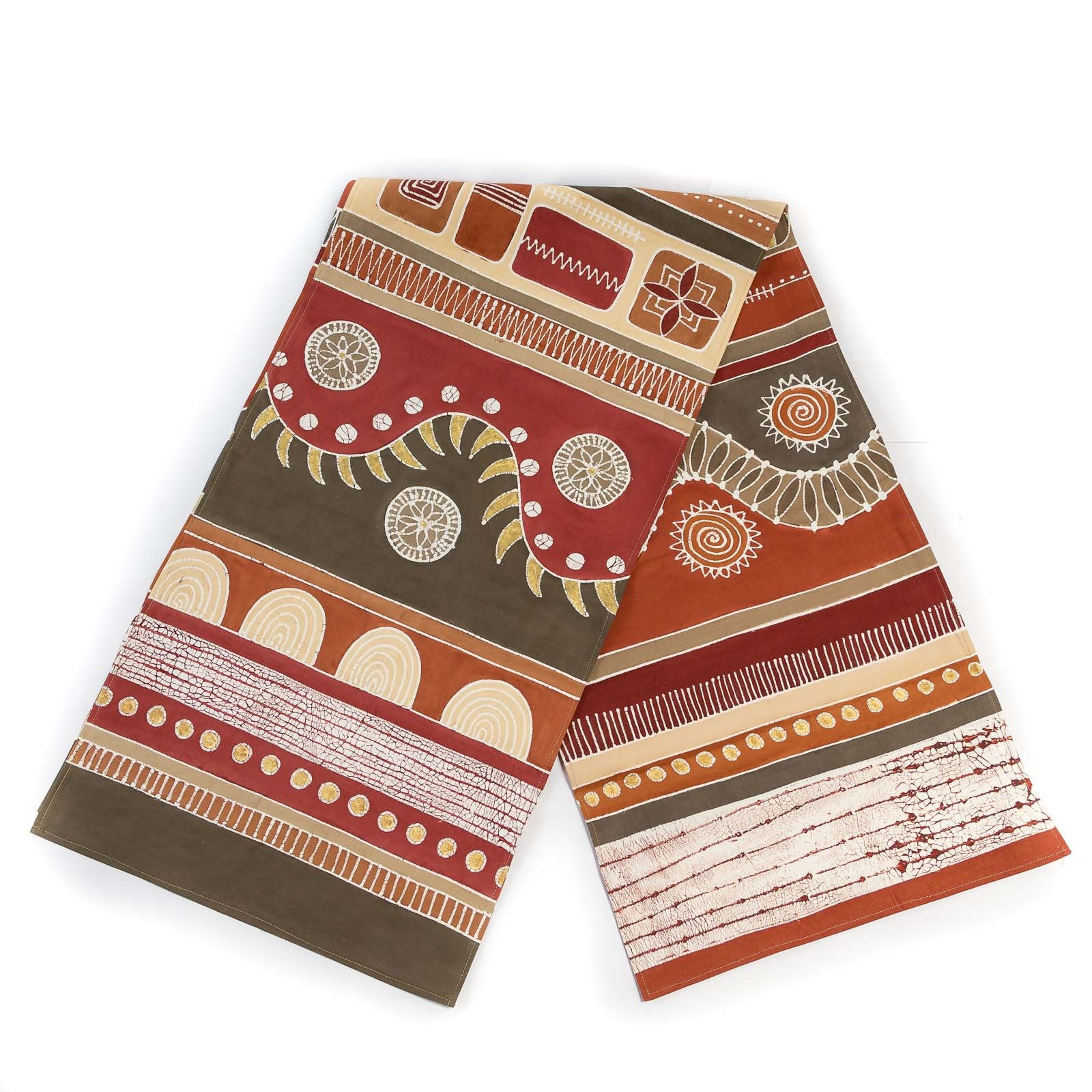 Detailed batik tribal print warm red and orange table runner, handcrafted and hand painted.