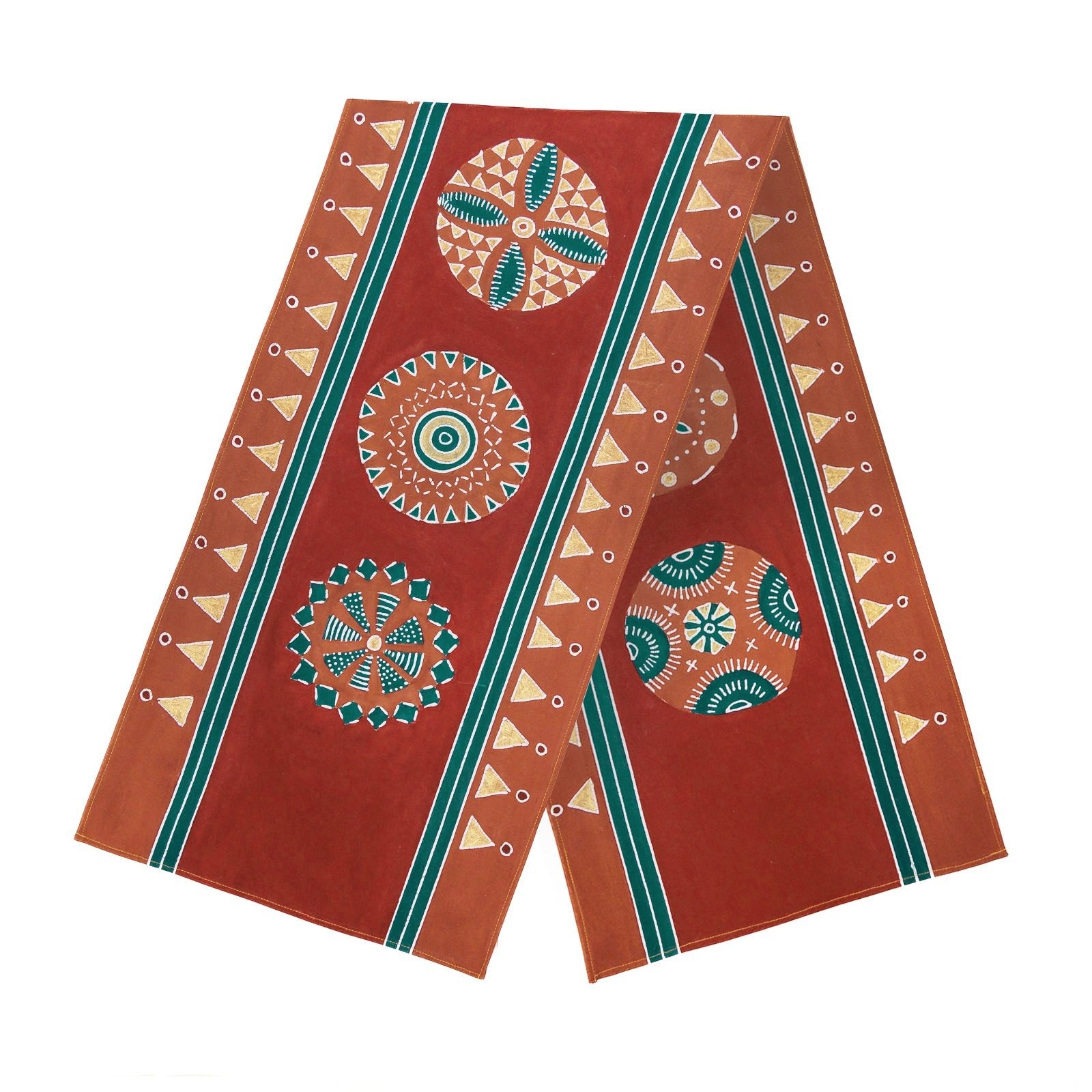 Bring warmth and sustainabiliy into your home with our red and gold table runner!