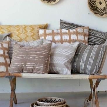 Ethically made dark taupe cushion cover made with interesting linear patterns using a Batik technique.