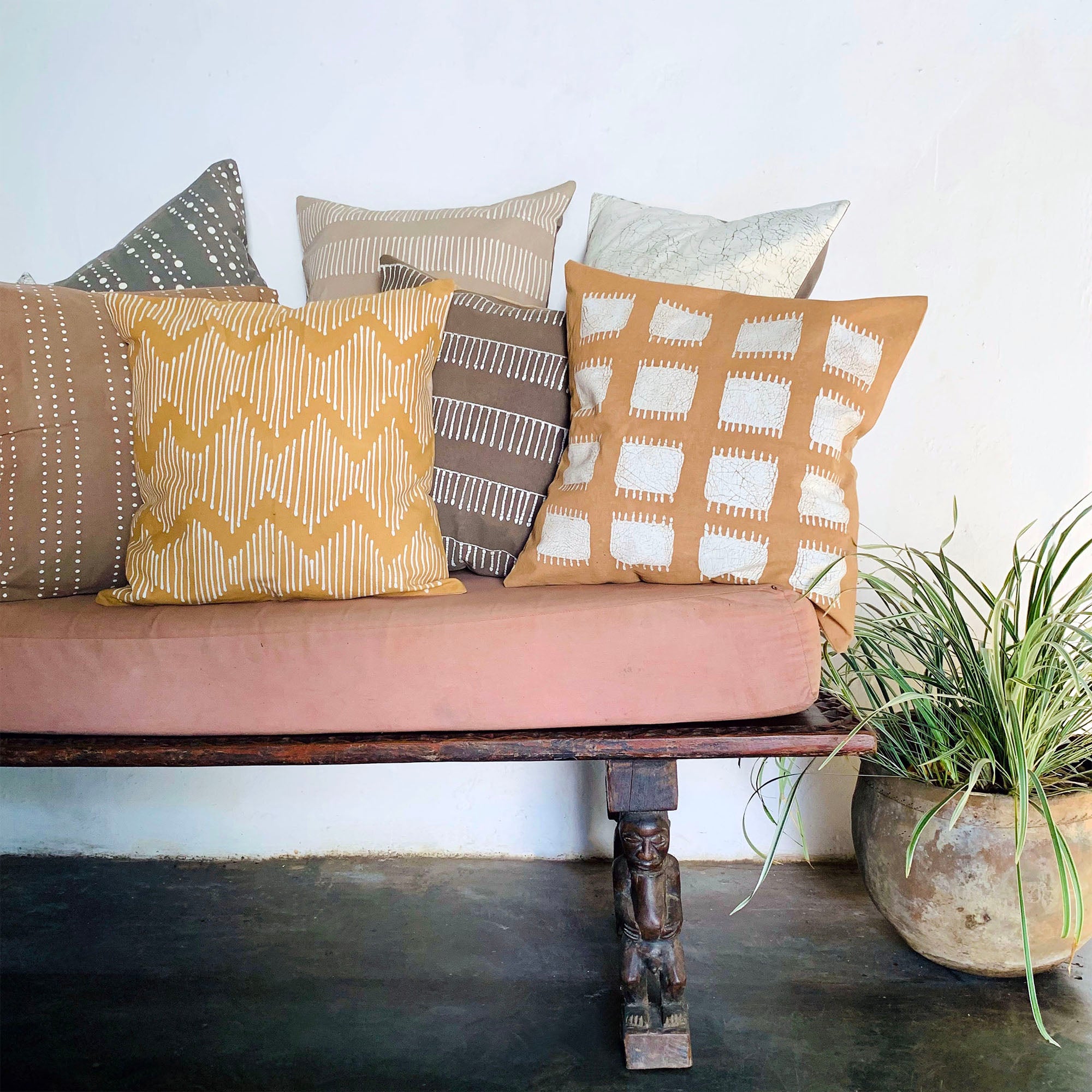 Tribal Cloth mustard Line Waves Cushion Cover - Hand Painted using a Batik technique.