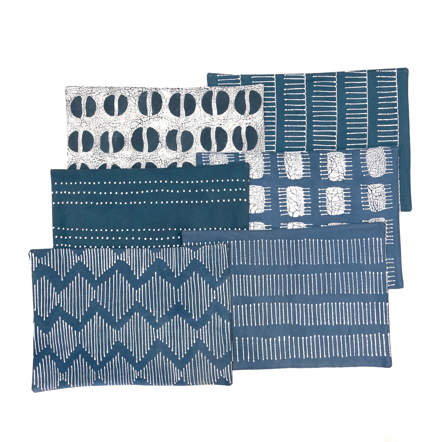 Bohemian chic patchwork table mats, with an assortment of blues and African patterns.
