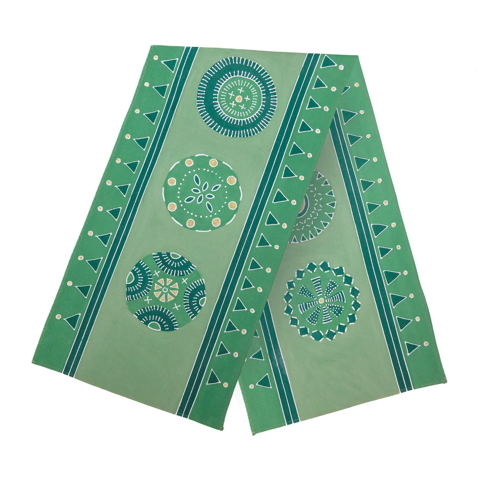 Jade green and gold patterned table runner essential for stylish earth homes.