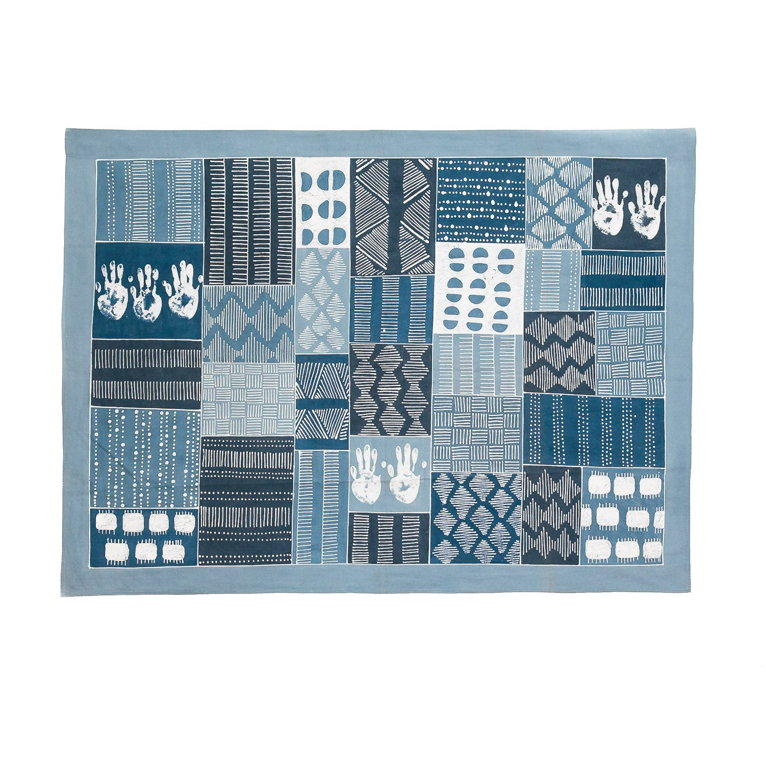 Bohemian chic patchwork wall hanging to bring bright blues and sustainability into your hall way or bedroom.