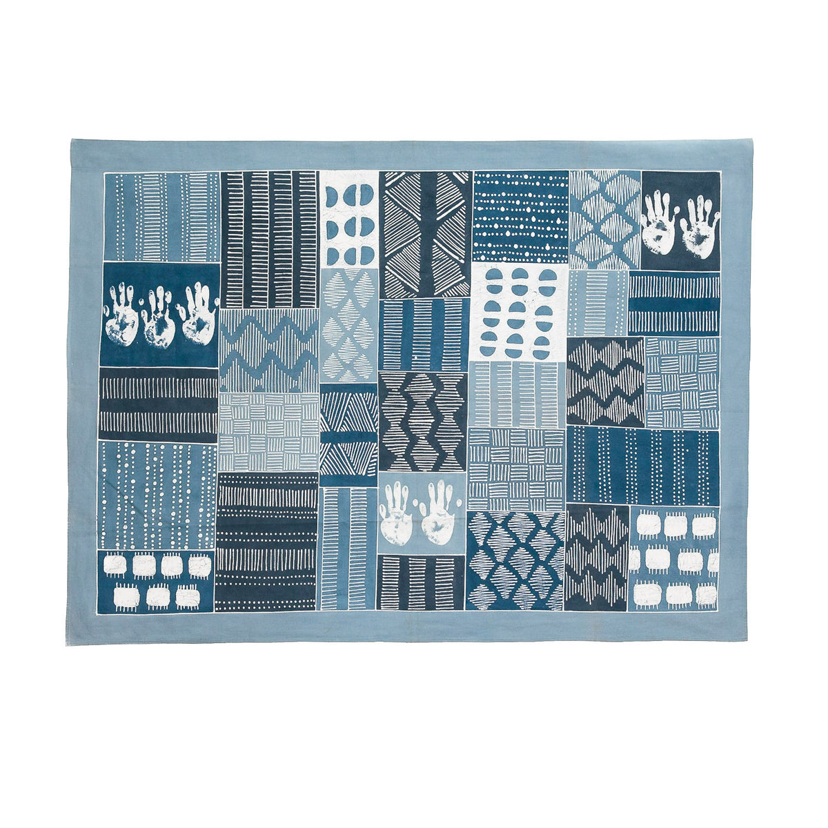 Bohemian chic patchwork wall hanging to bring bright blues and sustainability into your hall way or bedroom.